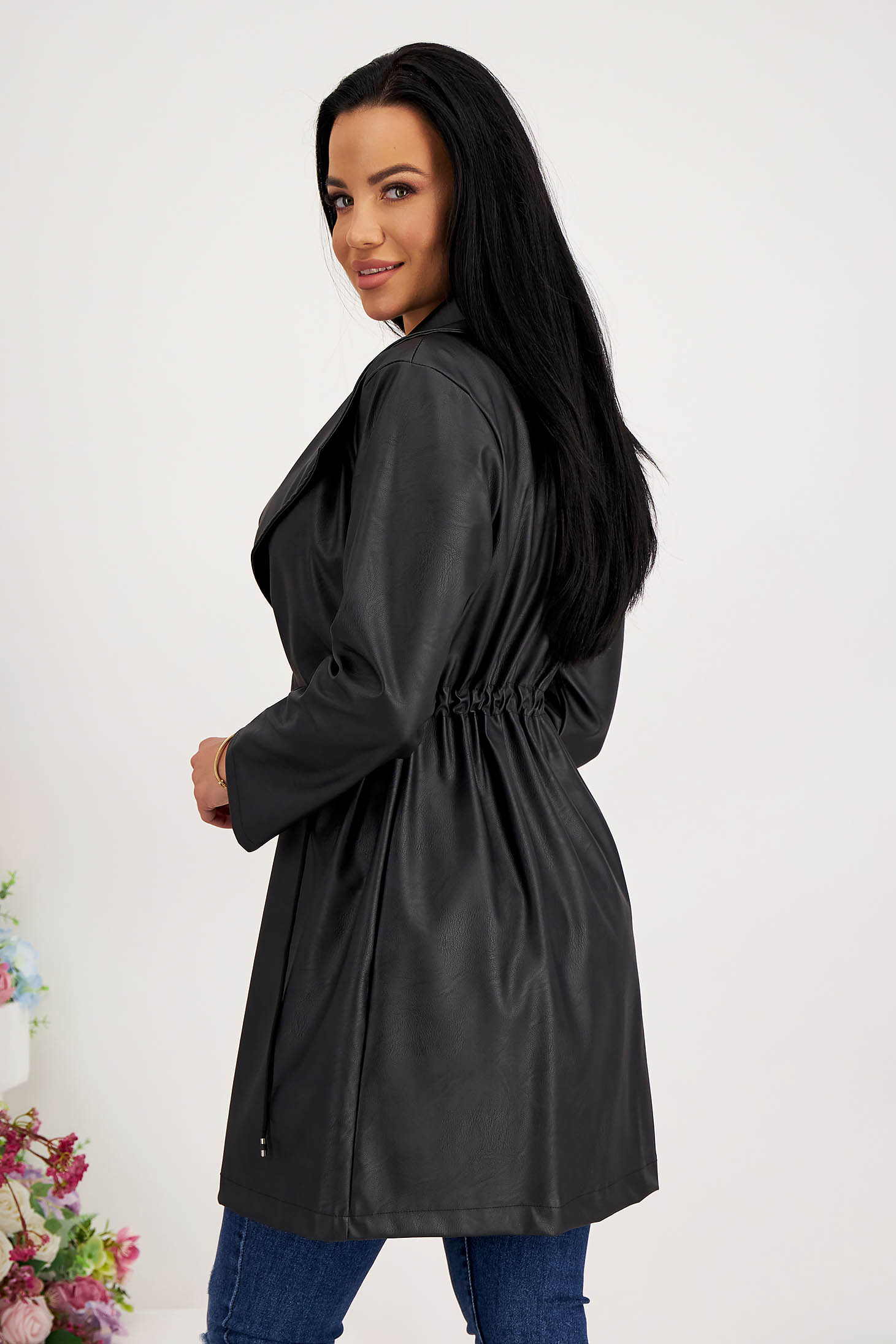 Black faux leather trench coat with wide cut accessorized with waist cord - SunShine 2 - StarShinerS.com