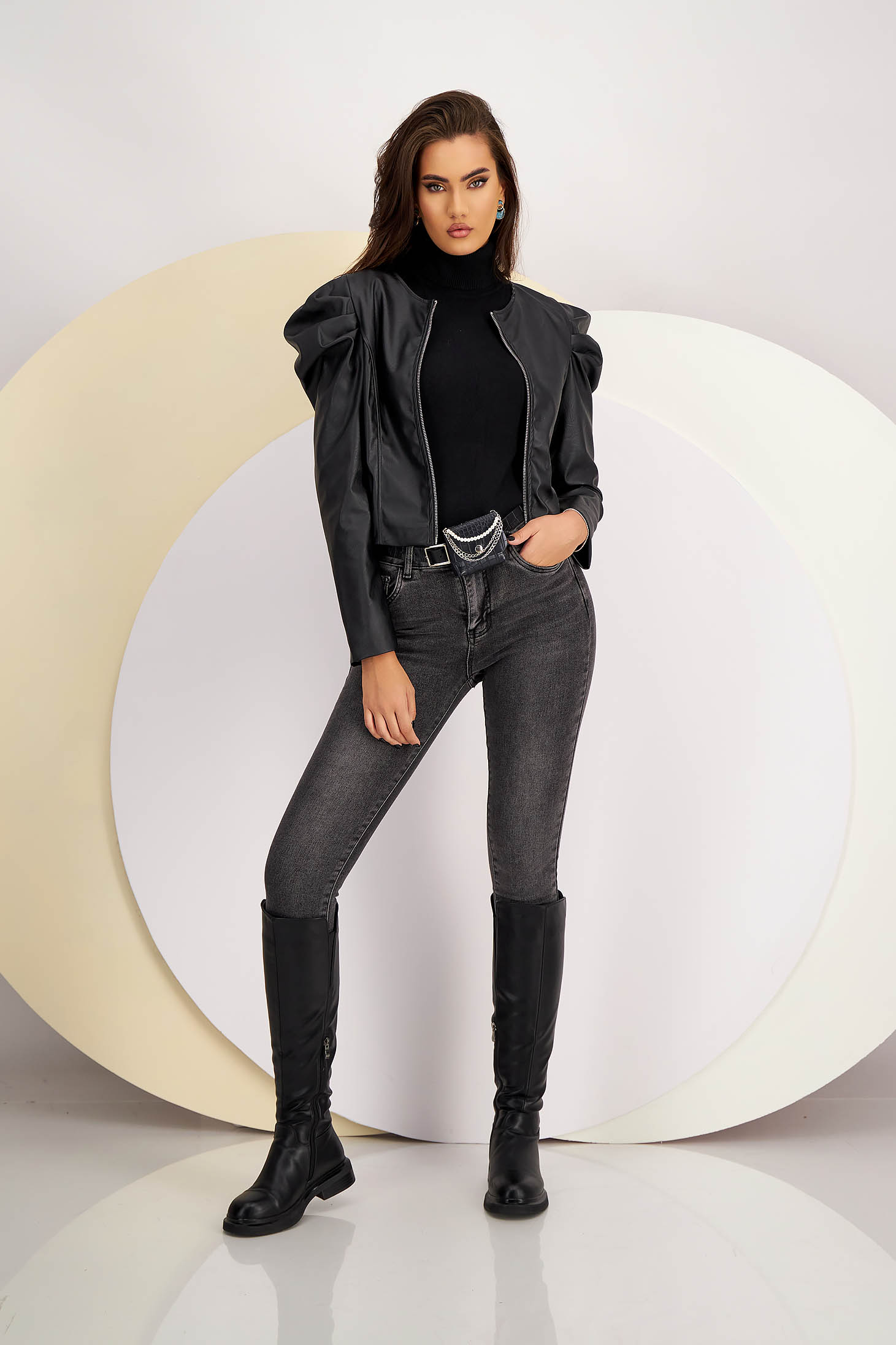 Black Fitted Eco-Leather Jacket with Puffed Shoulders - SunShine 5 - StarShinerS.com