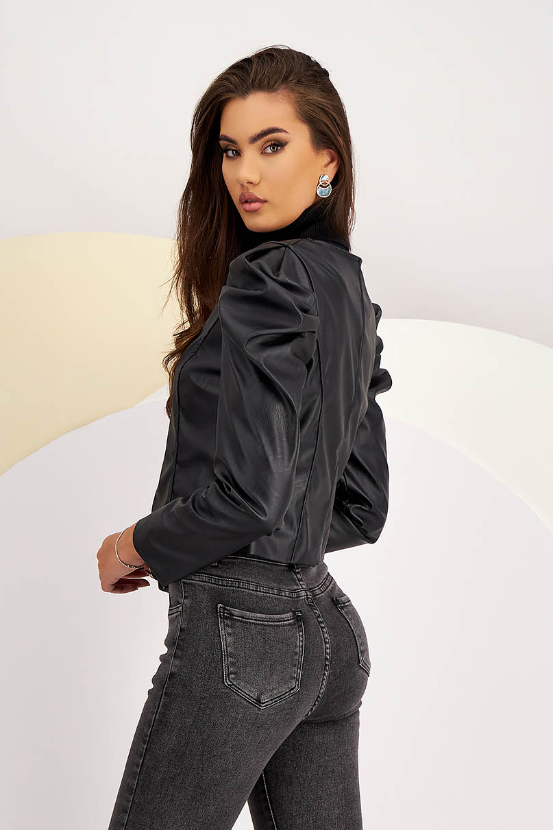 Black Fitted Eco-Leather Jacket with Puffed Shoulders - SunShine 2 - StarShinerS.com