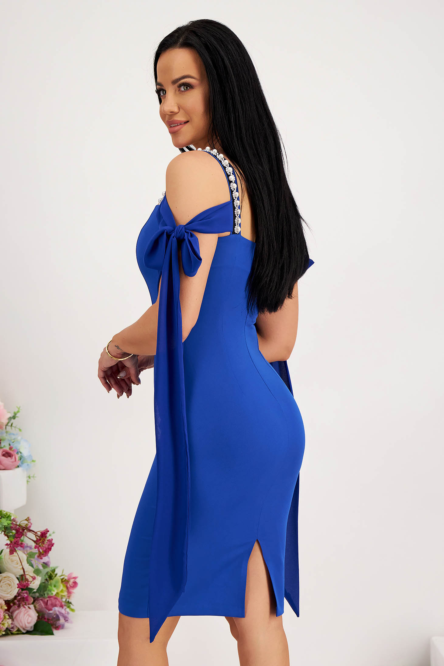 Blue Elastic Fabric Knee-Length Pencil Dress with Pearl Applications - StarShinerS 2 - StarShinerS.com