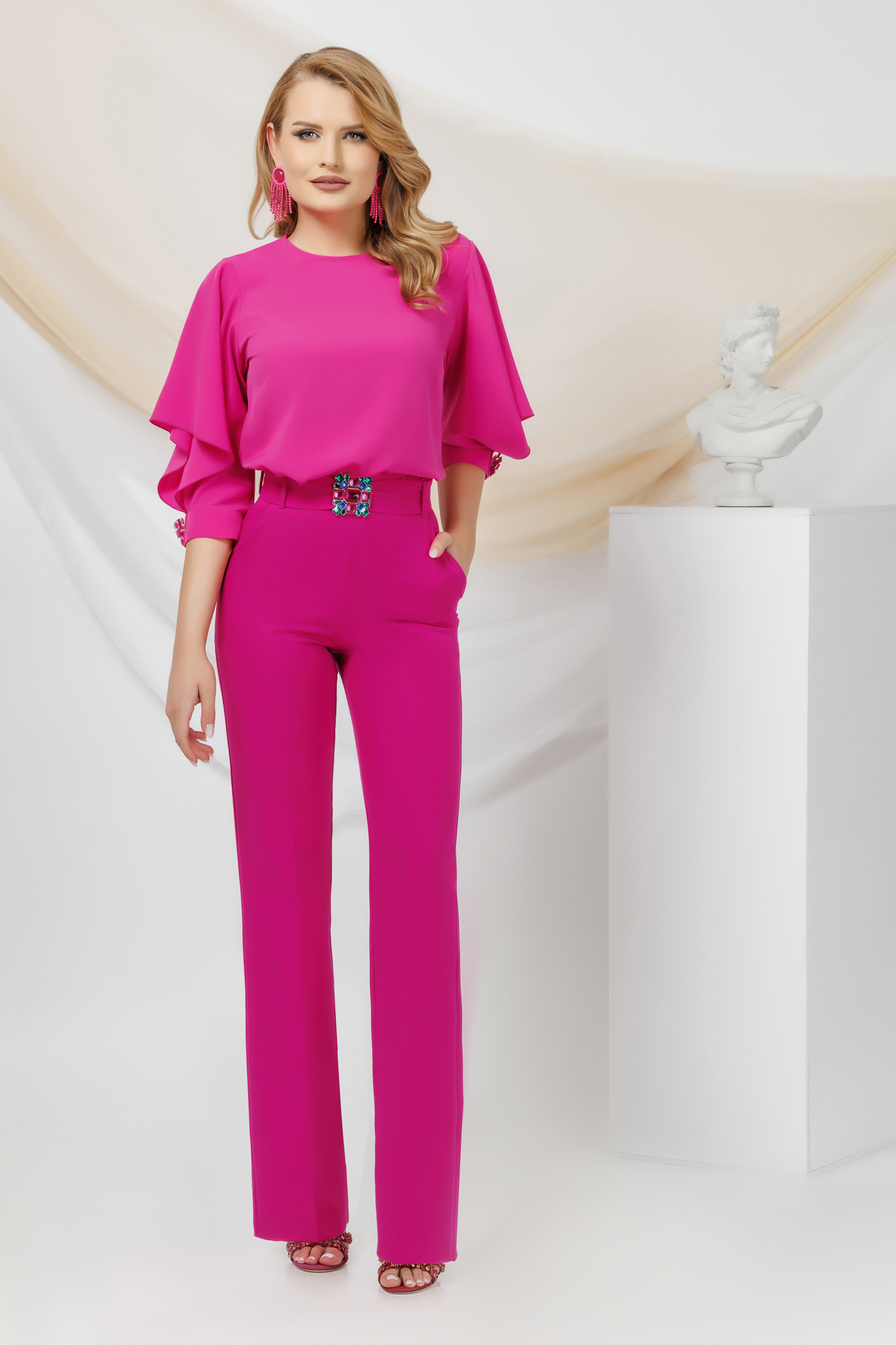 Fuchsia women`s blouse from veil fabric loose fit with cut-out sleeves shoulder detail 3 - StarShinerS.com
