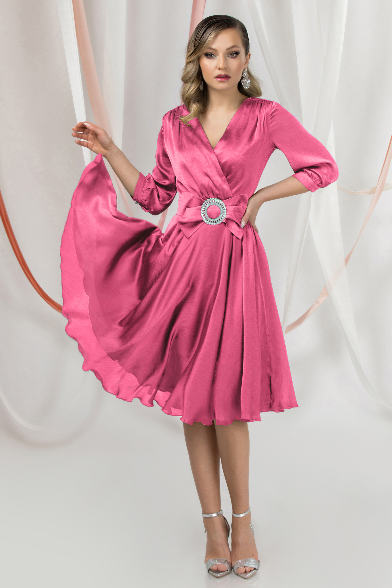 Pink Satin Midi Flared Dress with Crossover Neckline - PrettyGirl 2 - StarShinerS.com