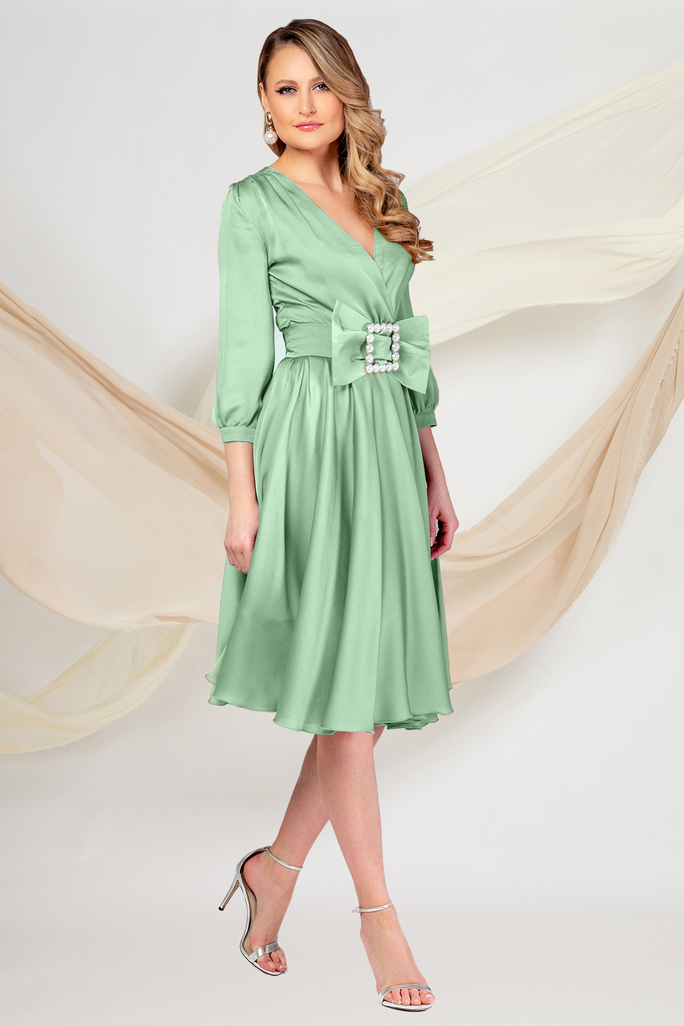 Mint Veil Midi Dress in A-Line with Crossover Neckline - PrettyGirl 3 - StarShinerS.com