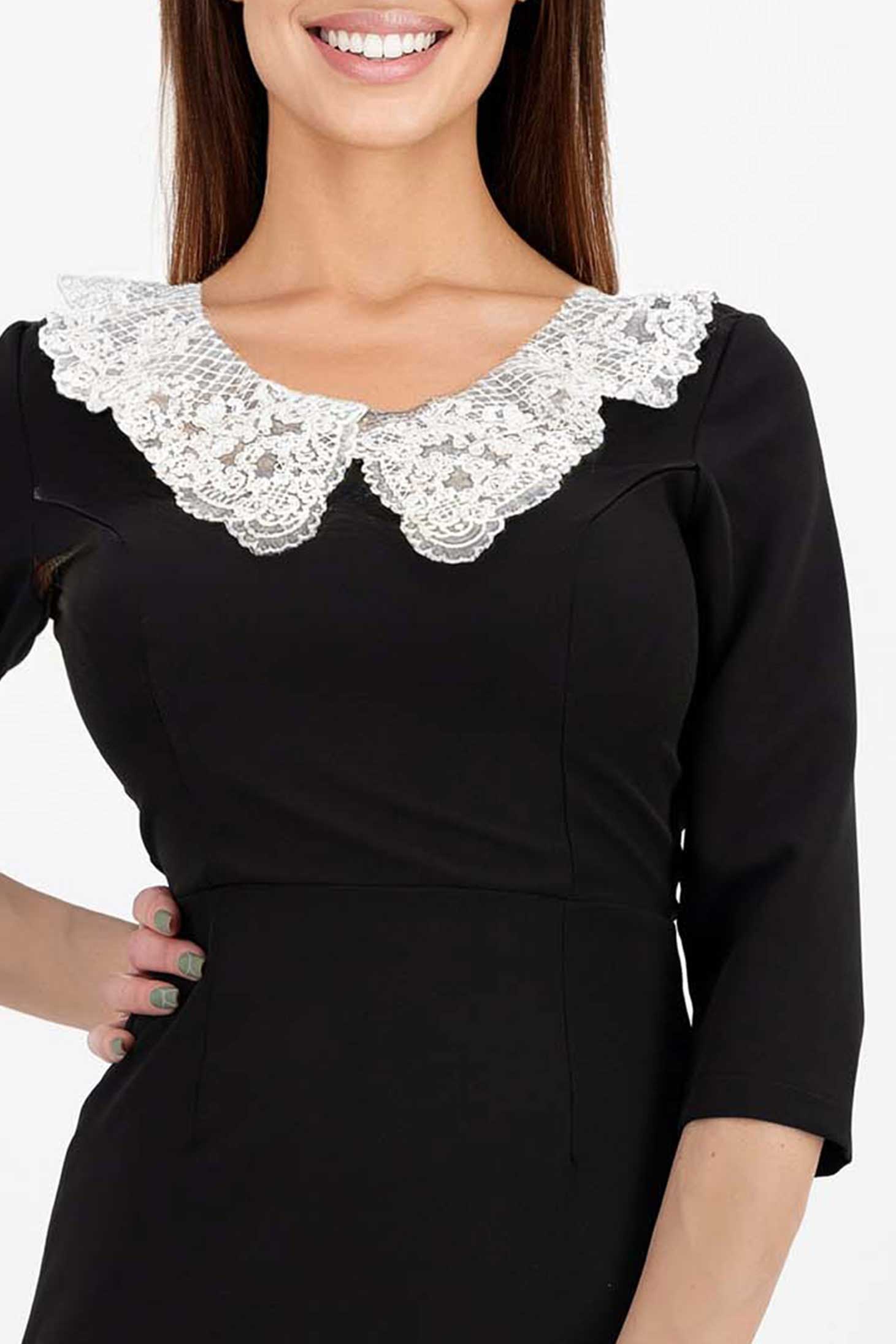 Fekete rövid galléros hímzett harang ruha enyhén rugalmas szövetből - StarShinerS 4 - StarShinerS.hu