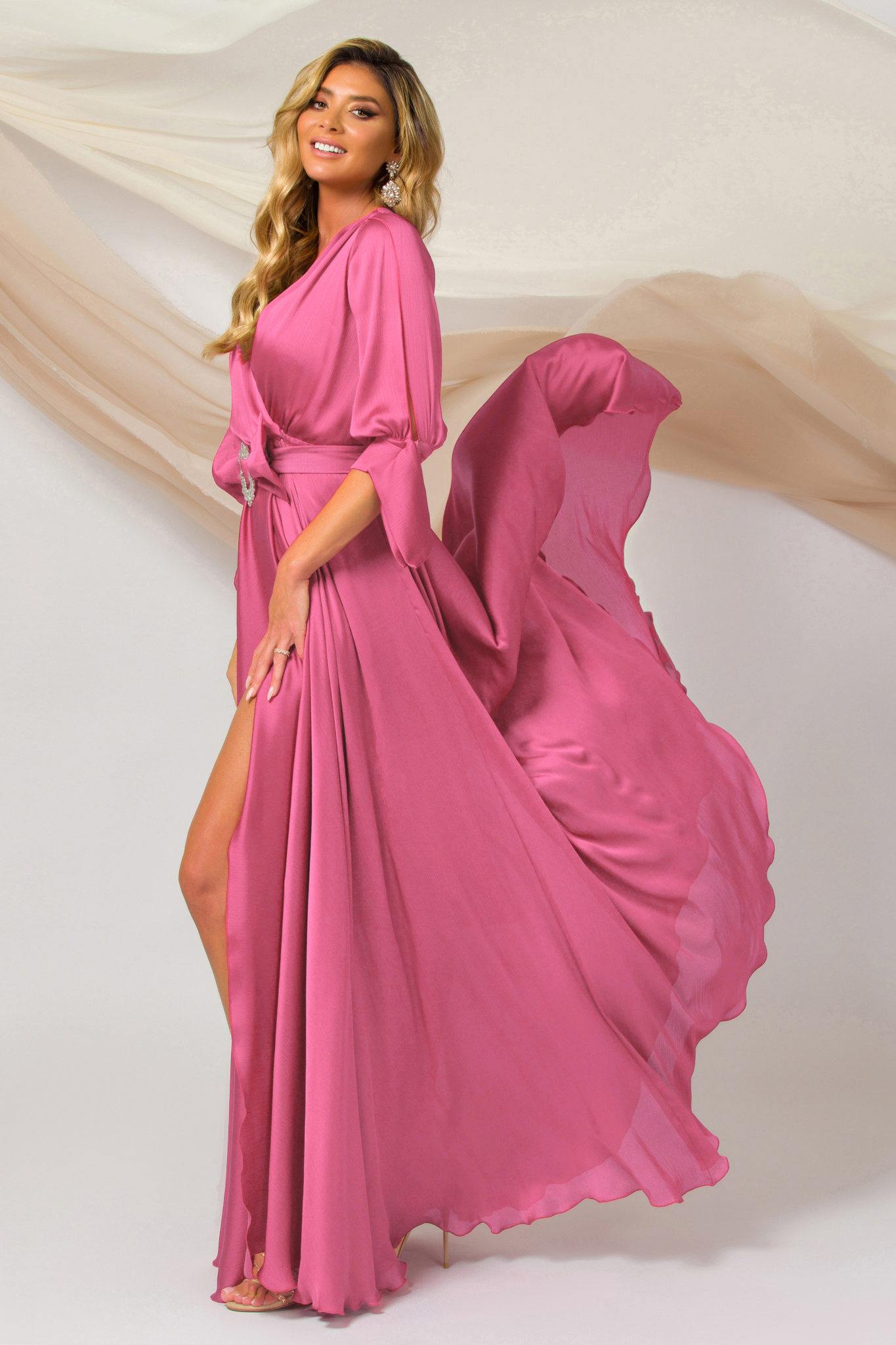Pink muszlin harang alakú átlapolt ruha gumirozott derékrésszel 2 - StarShinerS.hu