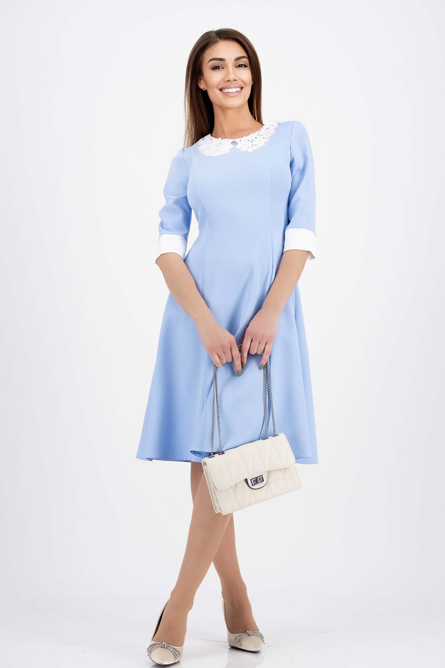 Rochie din stofa usor elastica albastru-deschis in clos cu guler decorativ - StarShinerS 3 - StarShinerS.ro