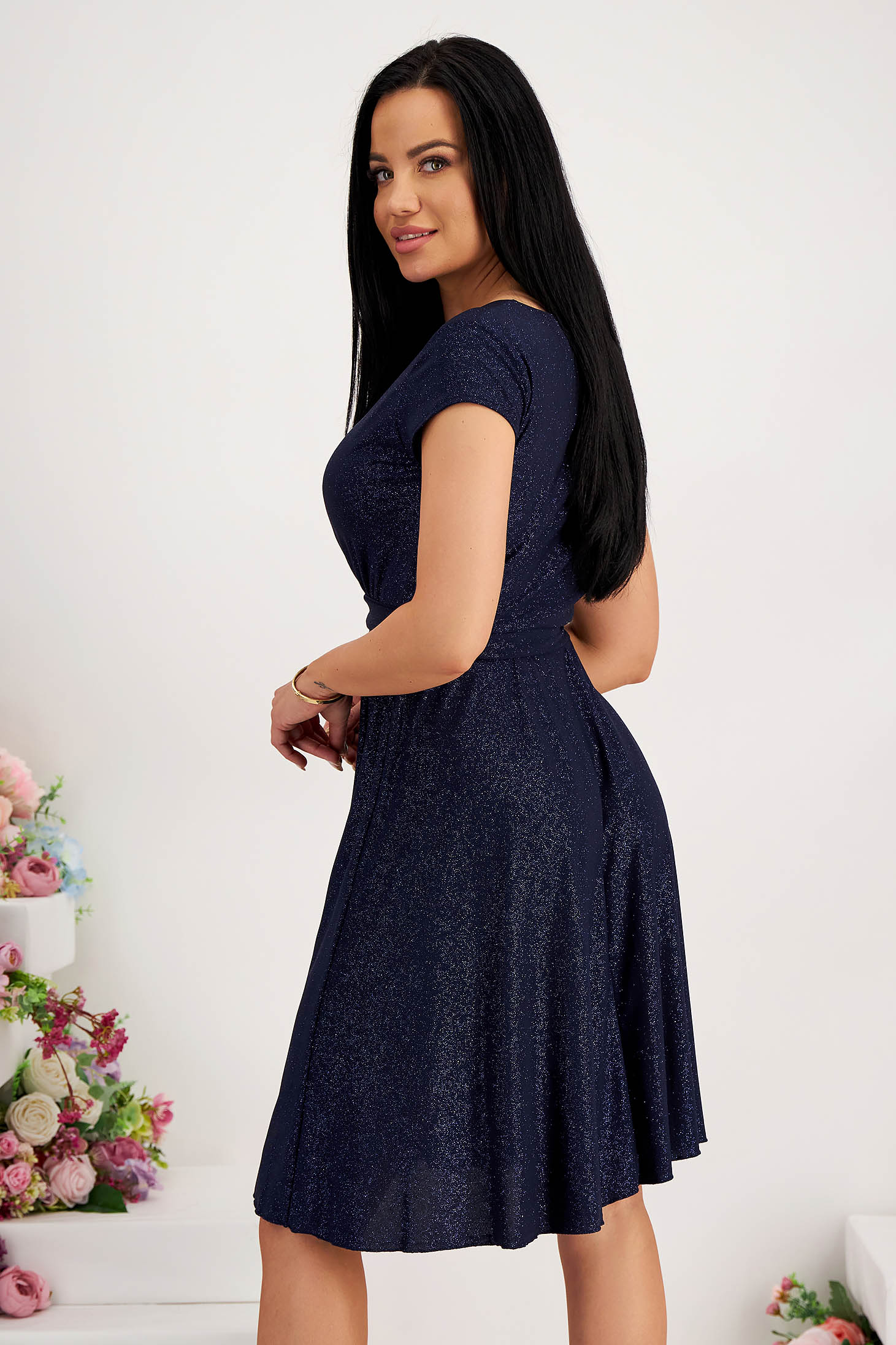 Navy Blue Glitter Lycra Dress with Elastic Waist in A-line - StarShinerS 2 - StarShinerS.com