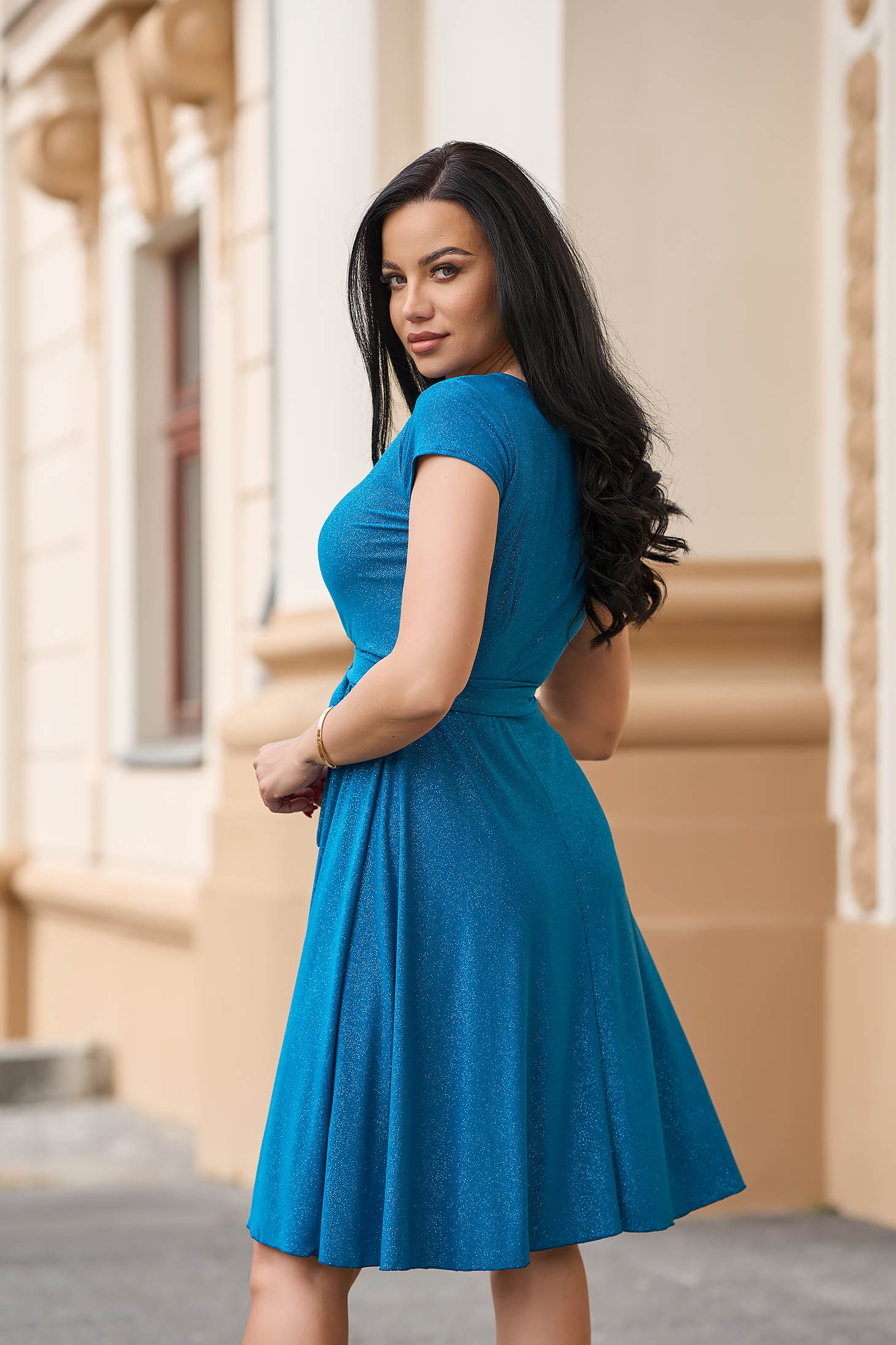 - StarShinerS petrol blue dress lycra with glitter details cloche with elastic waist 5 - StarShinerS.com