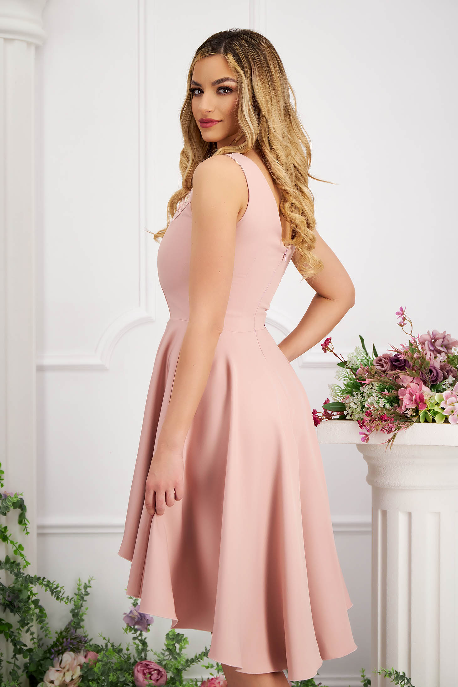 Dusty pink satin asymmetrical short occasion dress without sleeves - StarShinerS 3 - StarShinerS.com