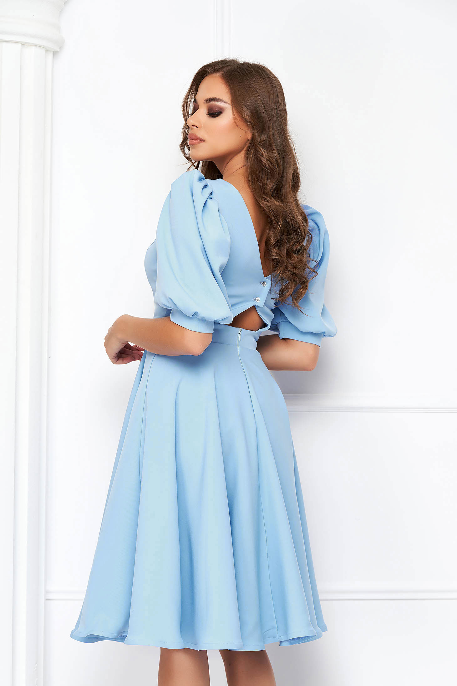 Aqua Blue Elastic Fabric Midi Dress in A-line with V-neck on the back - StarShinerS 2 - StarShinerS.com