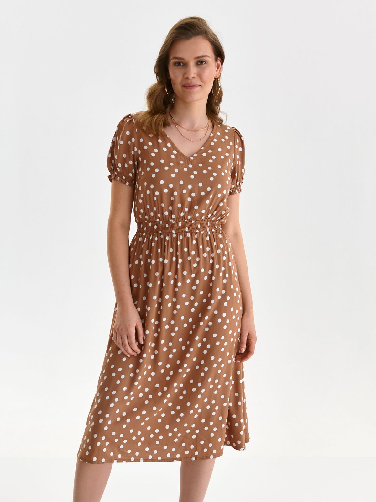 Brown dress midi cloche with elastic waist thin fabric short sleeves with puffed sleeves 3 - StarShinerS.com