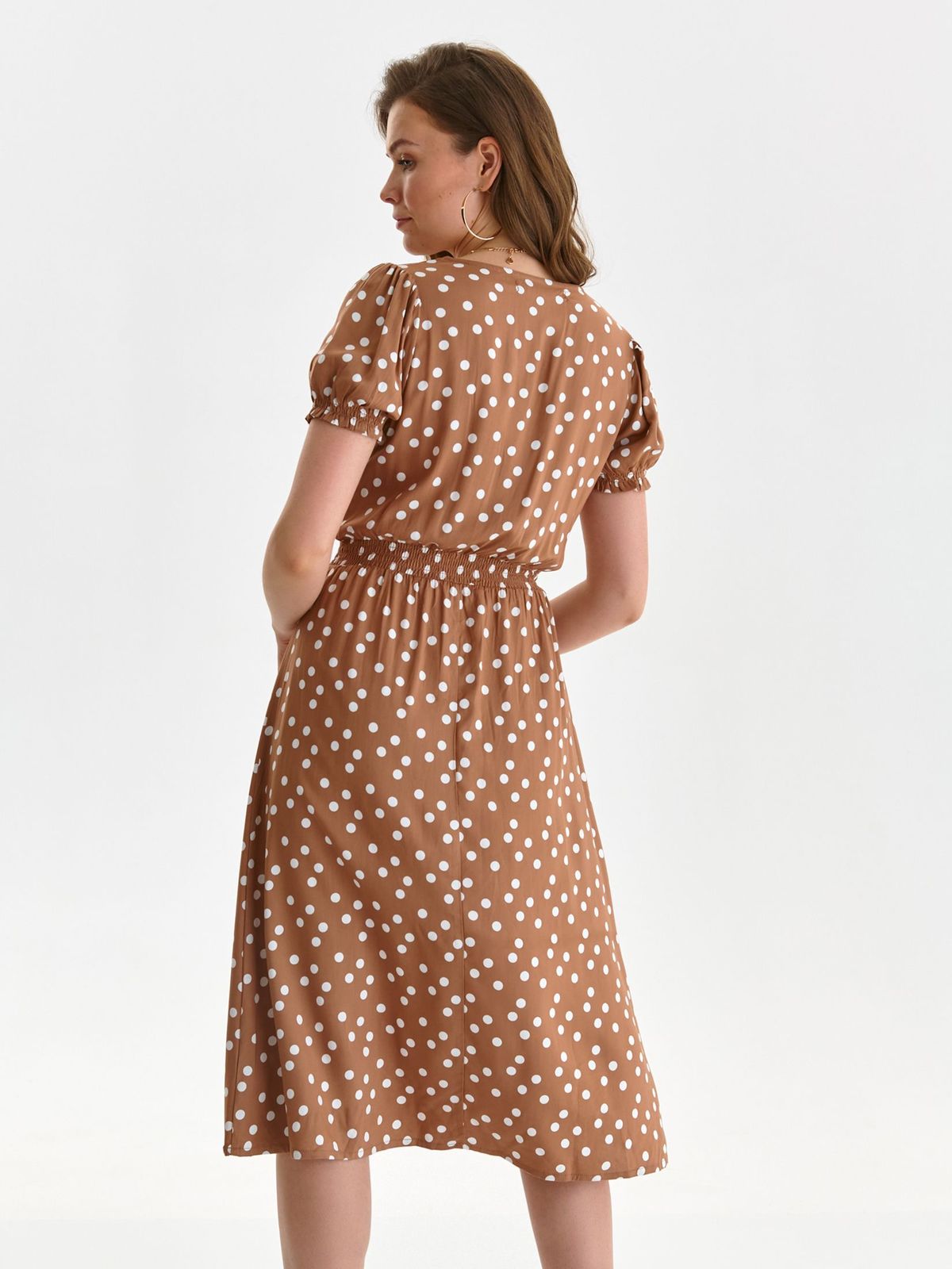 Brown dress midi cloche with elastic waist thin fabric short sleeves with puffed sleeves 4 - StarShinerS.com