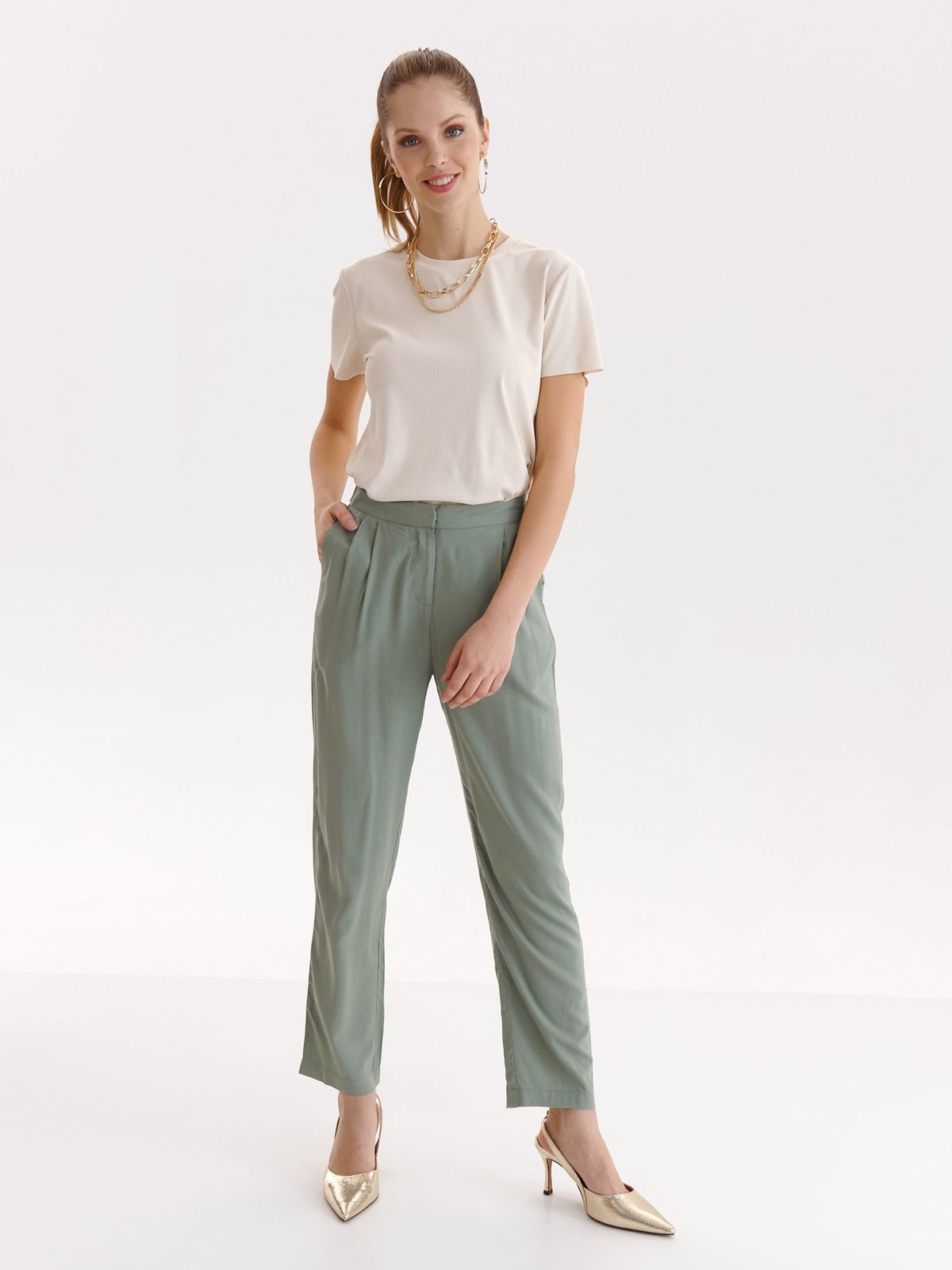 Green trousers thin fabric long medium waist lateral pockets 2 - StarShinerS.com