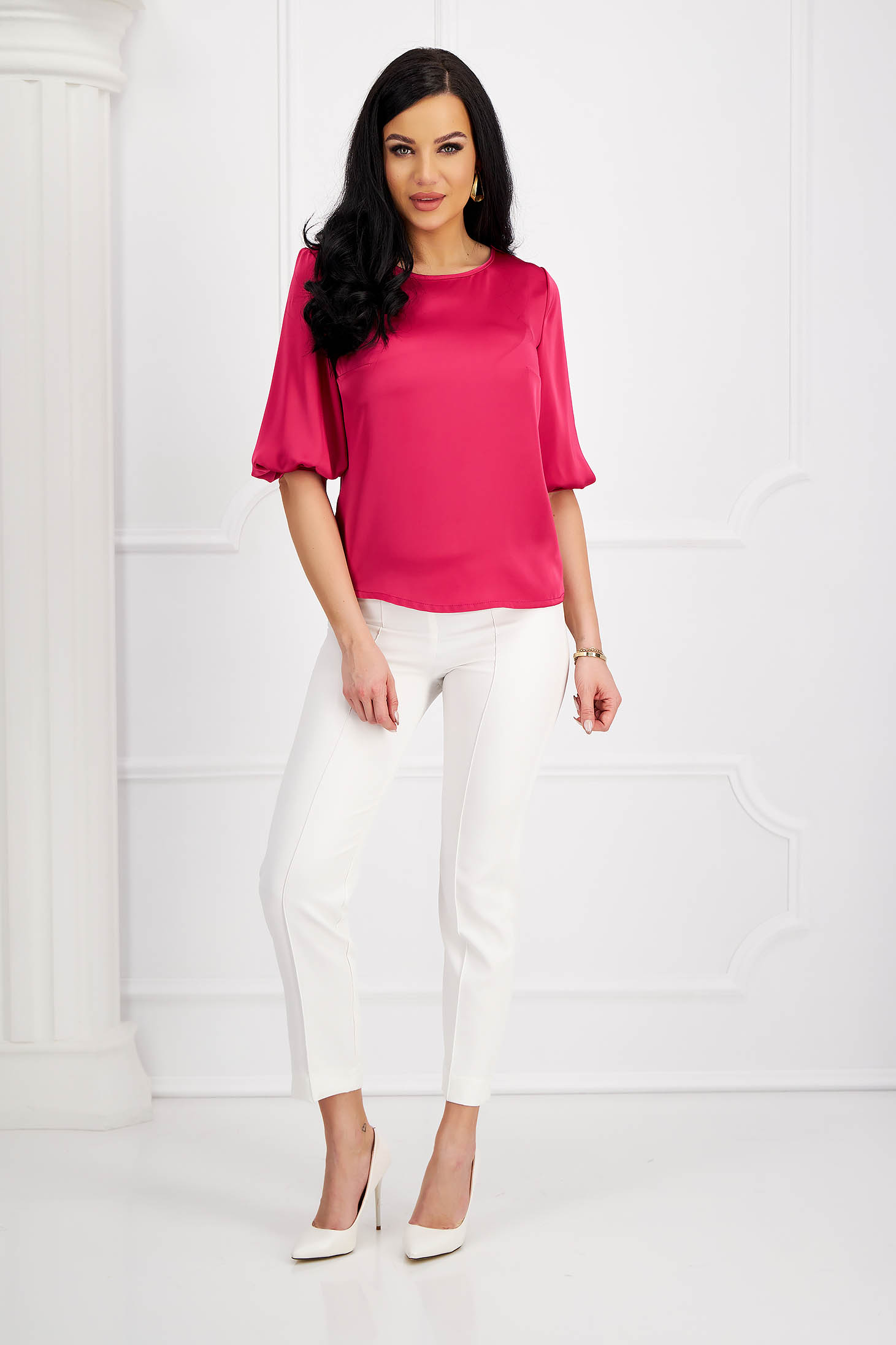 Raspberry satin ladies blouse with wide cut and decorative buttons on cuffs - StarShinerS 6 - StarShinerS.com