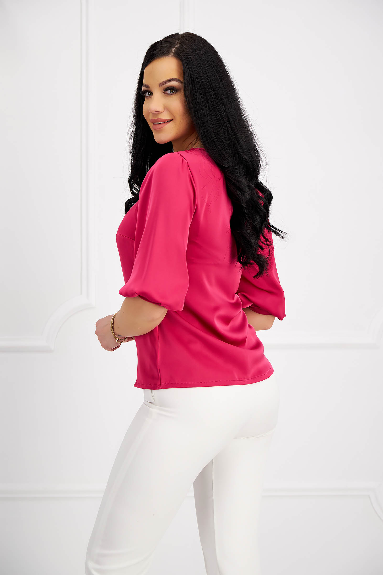 Raspberry satin ladies blouse with wide cut and decorative buttons on cuffs - StarShinerS 3 - StarShinerS.com