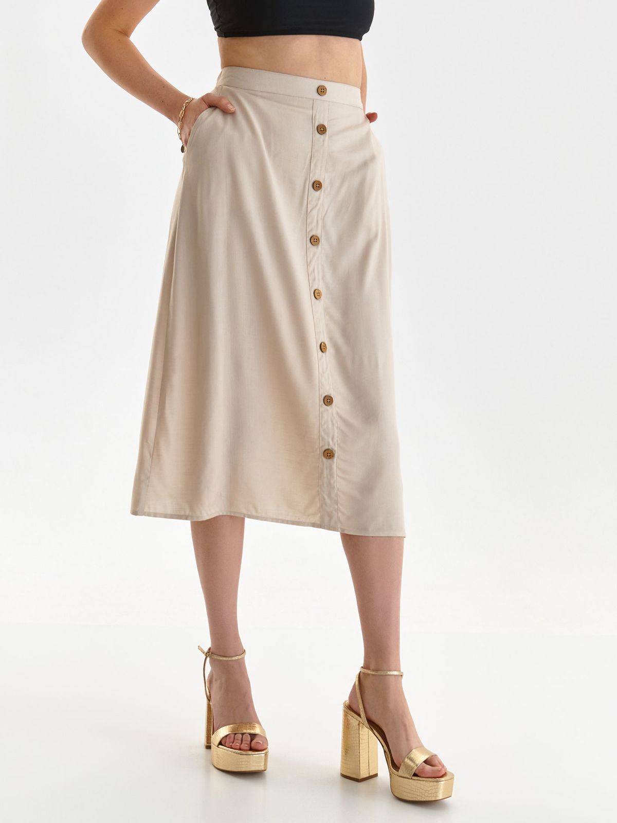 Beige skirt thin fabric cloche lateral pockets with decorative buttons 2 - StarShinerS.com