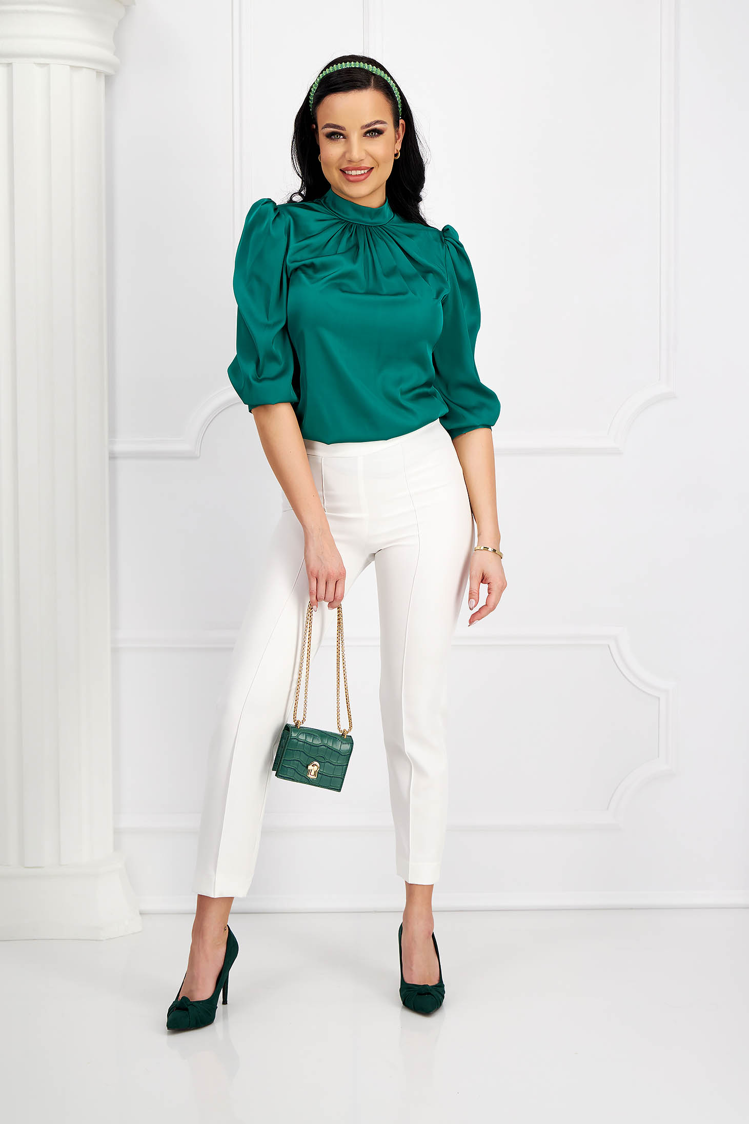 - StarShinerS green women`s blouse from satin loose fit with puffed sleeves 5 - StarShinerS.com