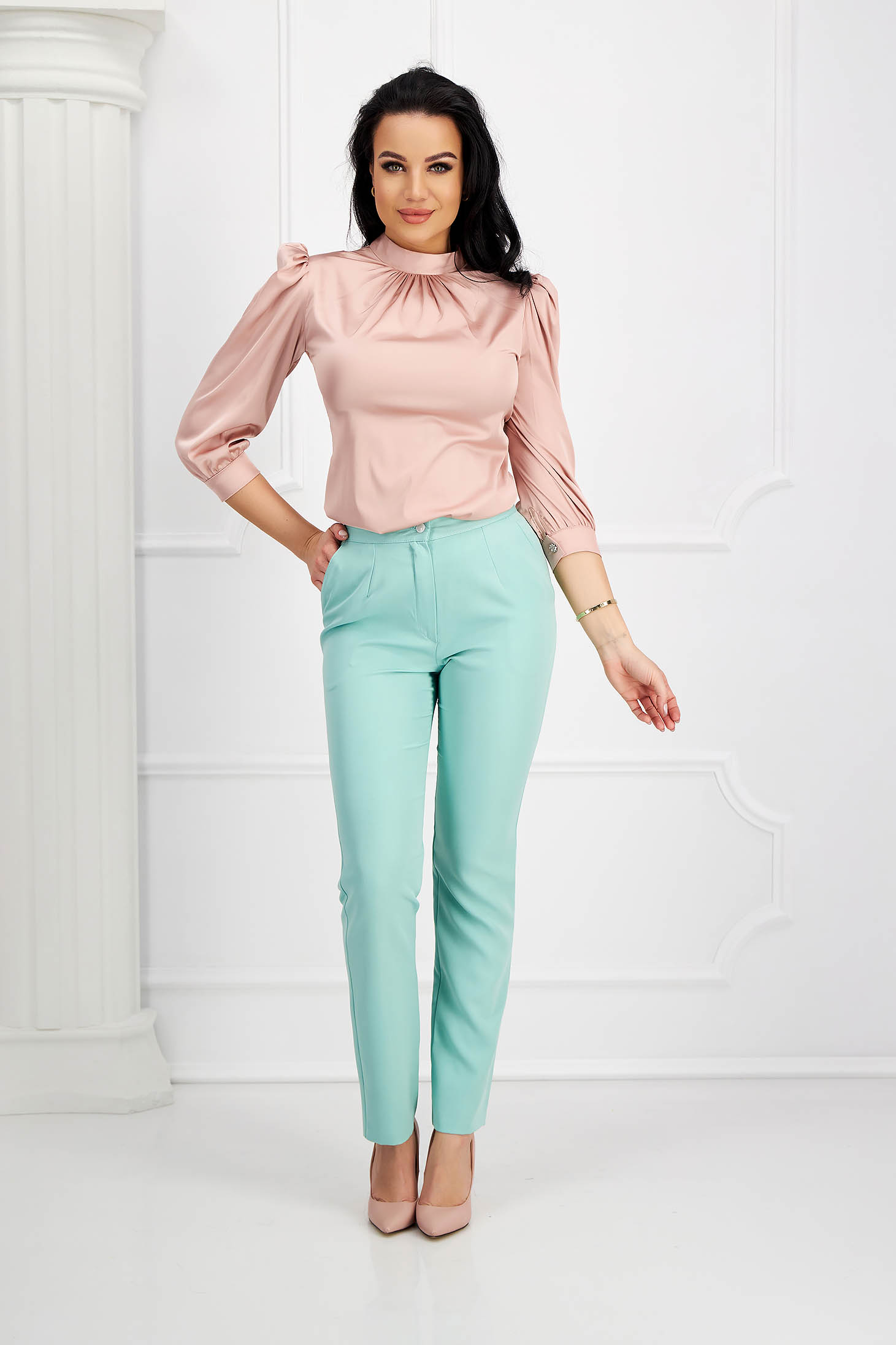 - StarShinerS powder pink women`s blouse from satin loose fit with puffed sleeves 4 - StarShinerS.com