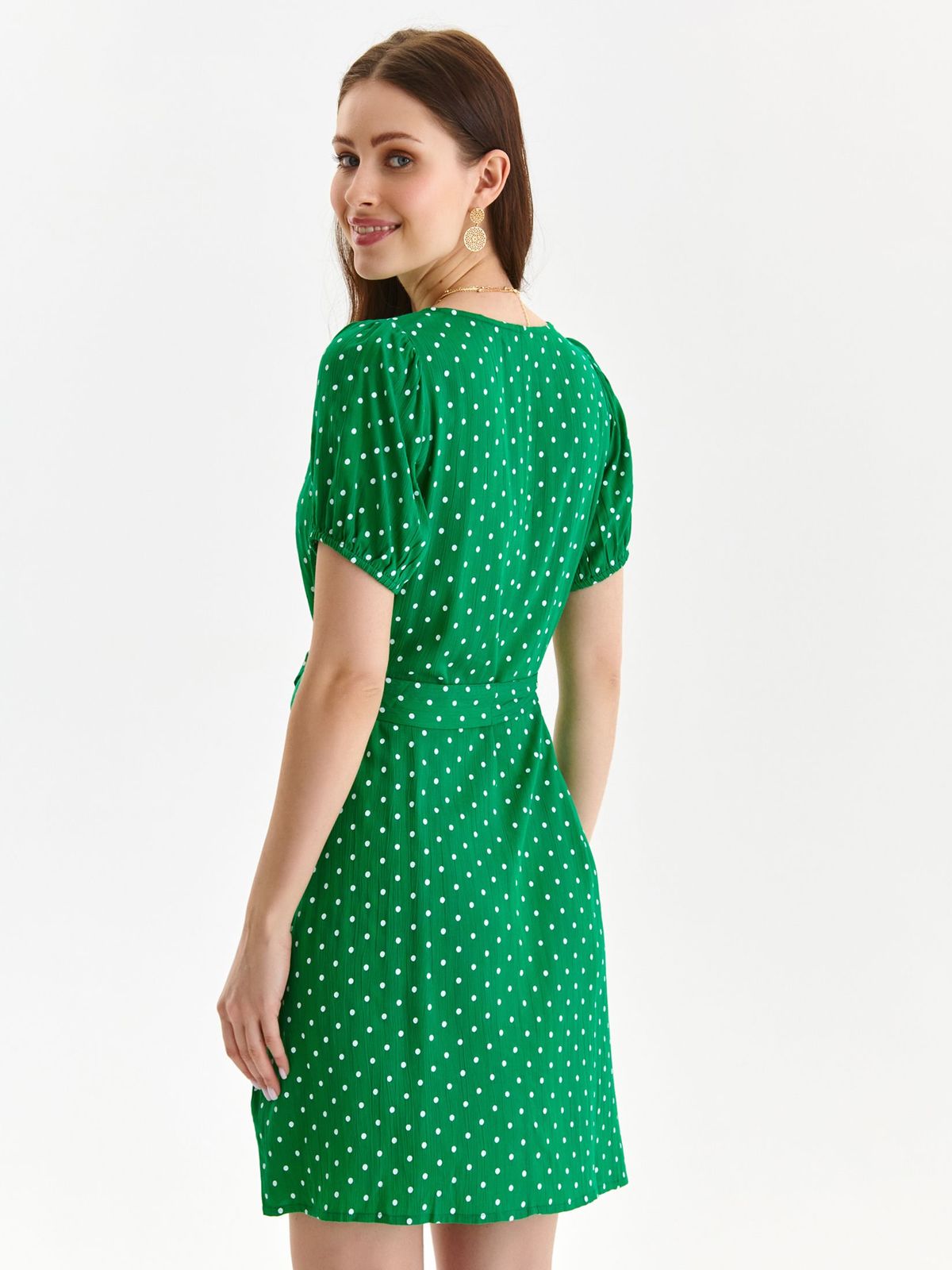 Green dress thin fabric short cut loose fit accessorized with tied waistband with puffed sleeves 3 - StarShinerS.com