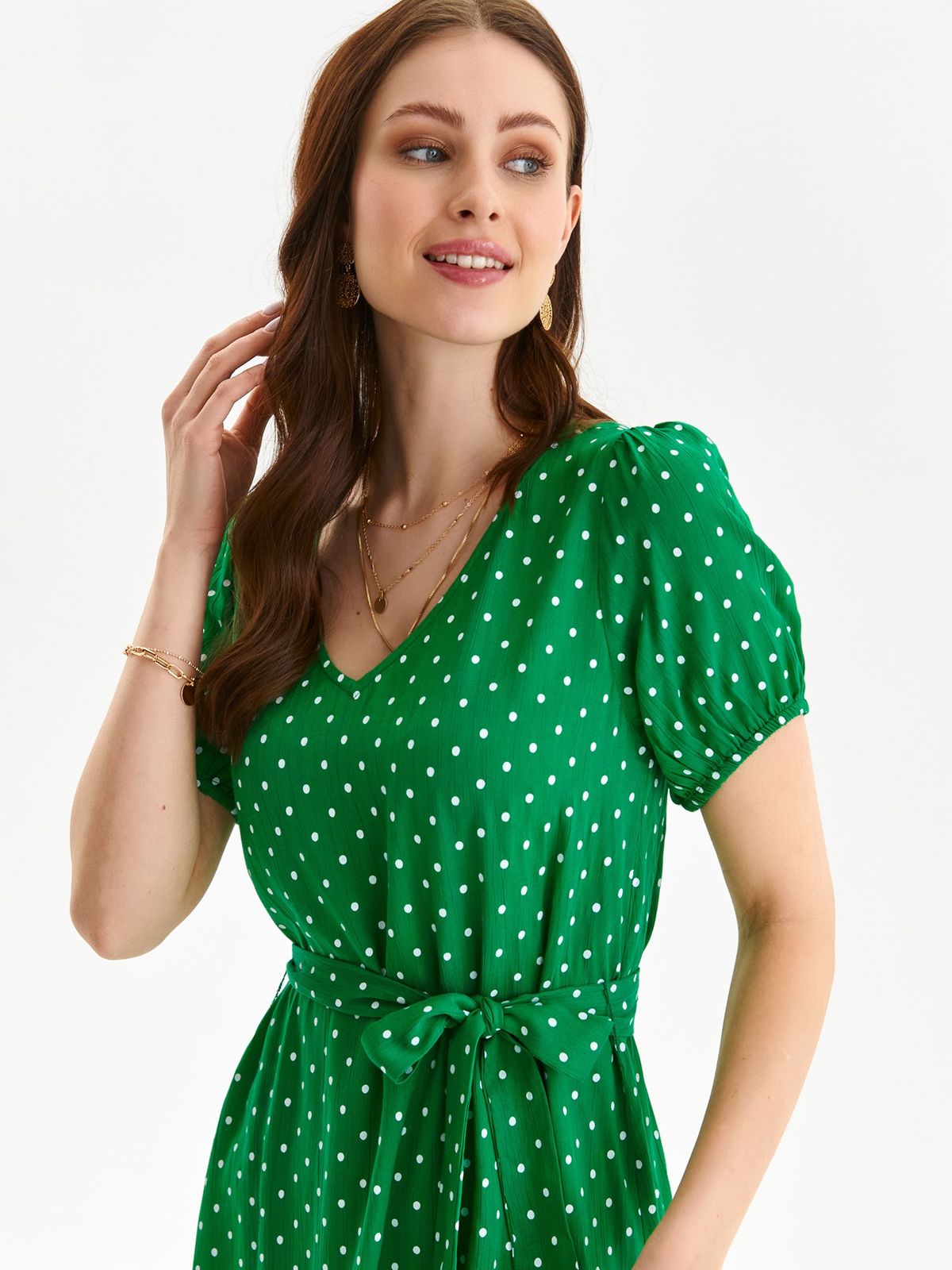 Green dress thin fabric short cut loose fit accessorized with tied waistband with puffed sleeves 4 - StarShinerS.com