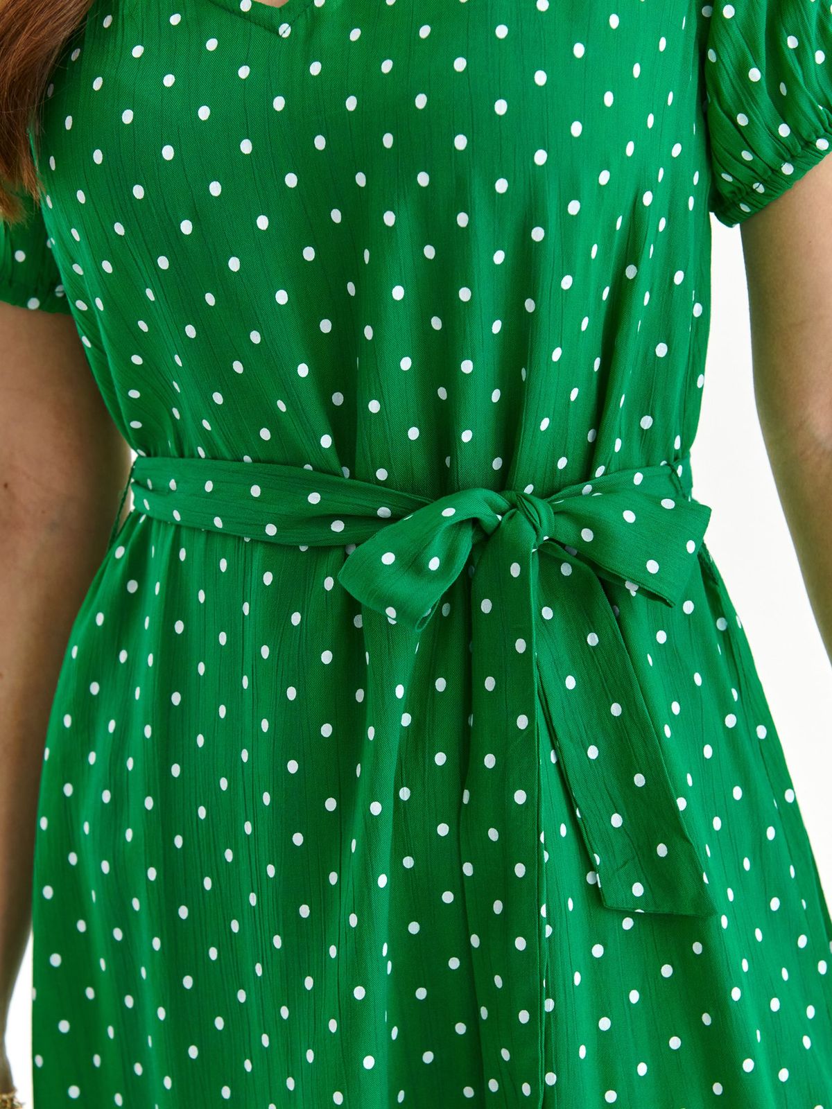 Green dress thin fabric short cut loose fit accessorized with tied waistband with puffed sleeves 5 - StarShinerS.com