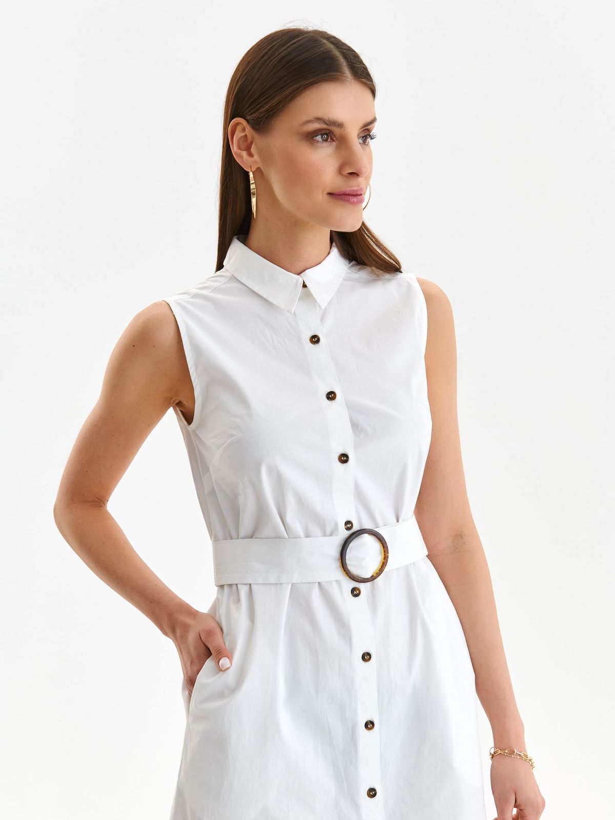 White dress short cut cotton straight accessorized with belt 4 - StarShinerS.com