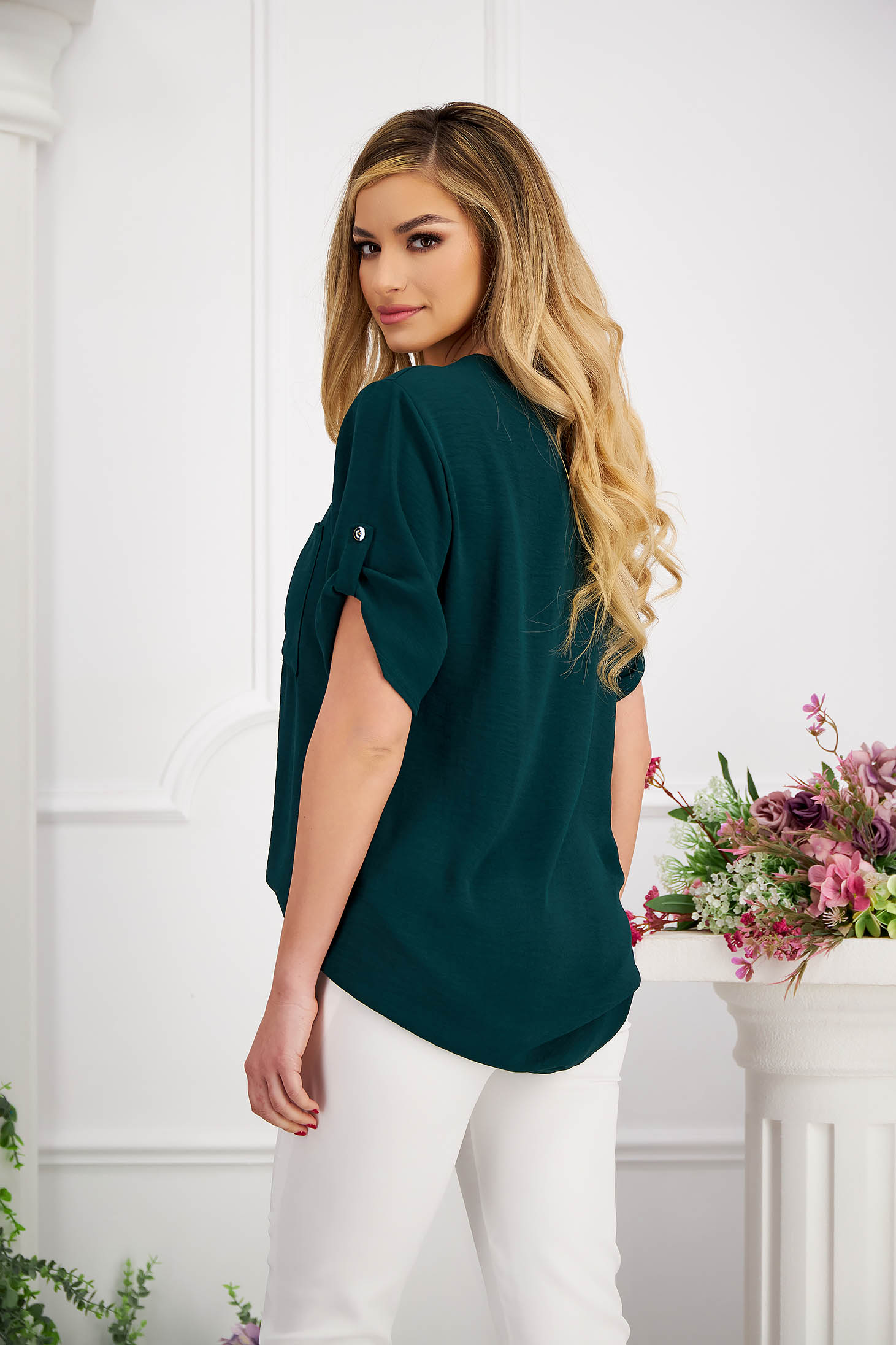 Dark Green Creponated Voile Blouse for Women with Wide Cut - Lady Pandora 2 - StarShinerS.com