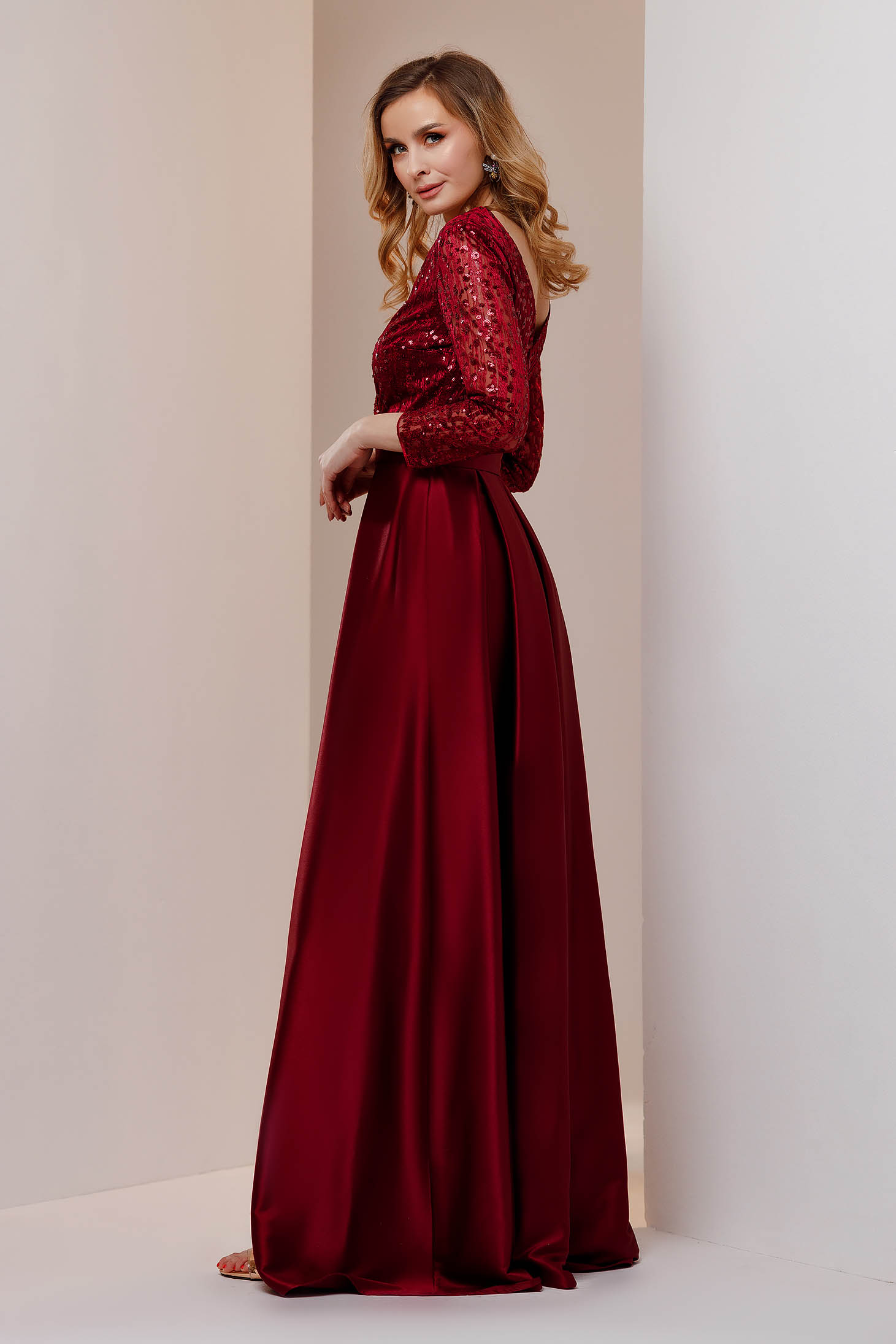 Burgundy dress long taffeta with v-neckline with sequin embellished details 2 - StarShinerS.com