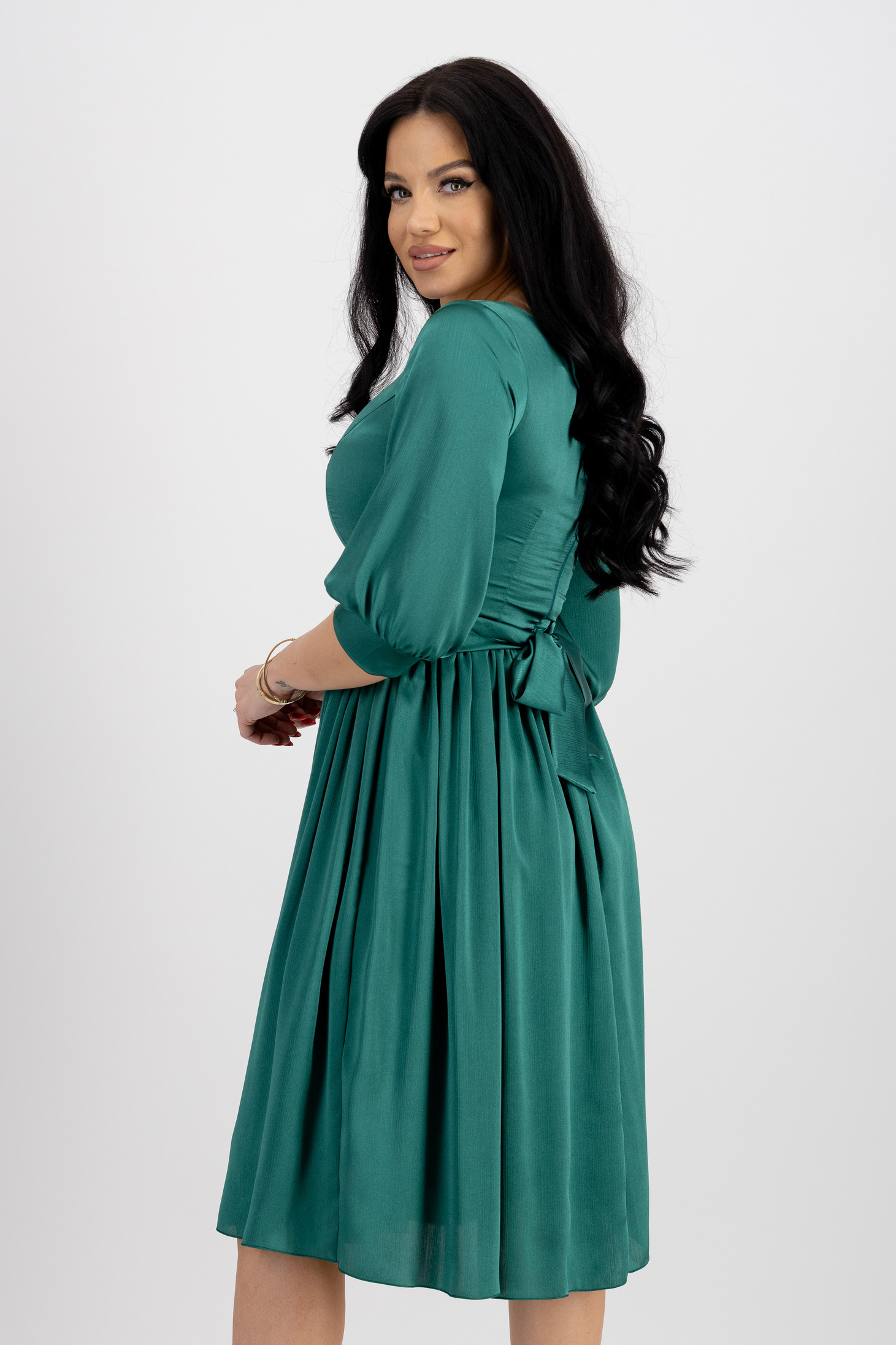 Green Satin Midi Dress in A-line with Pearl Embellishments on Cord - StarShinerS 2 - StarShinerS.com