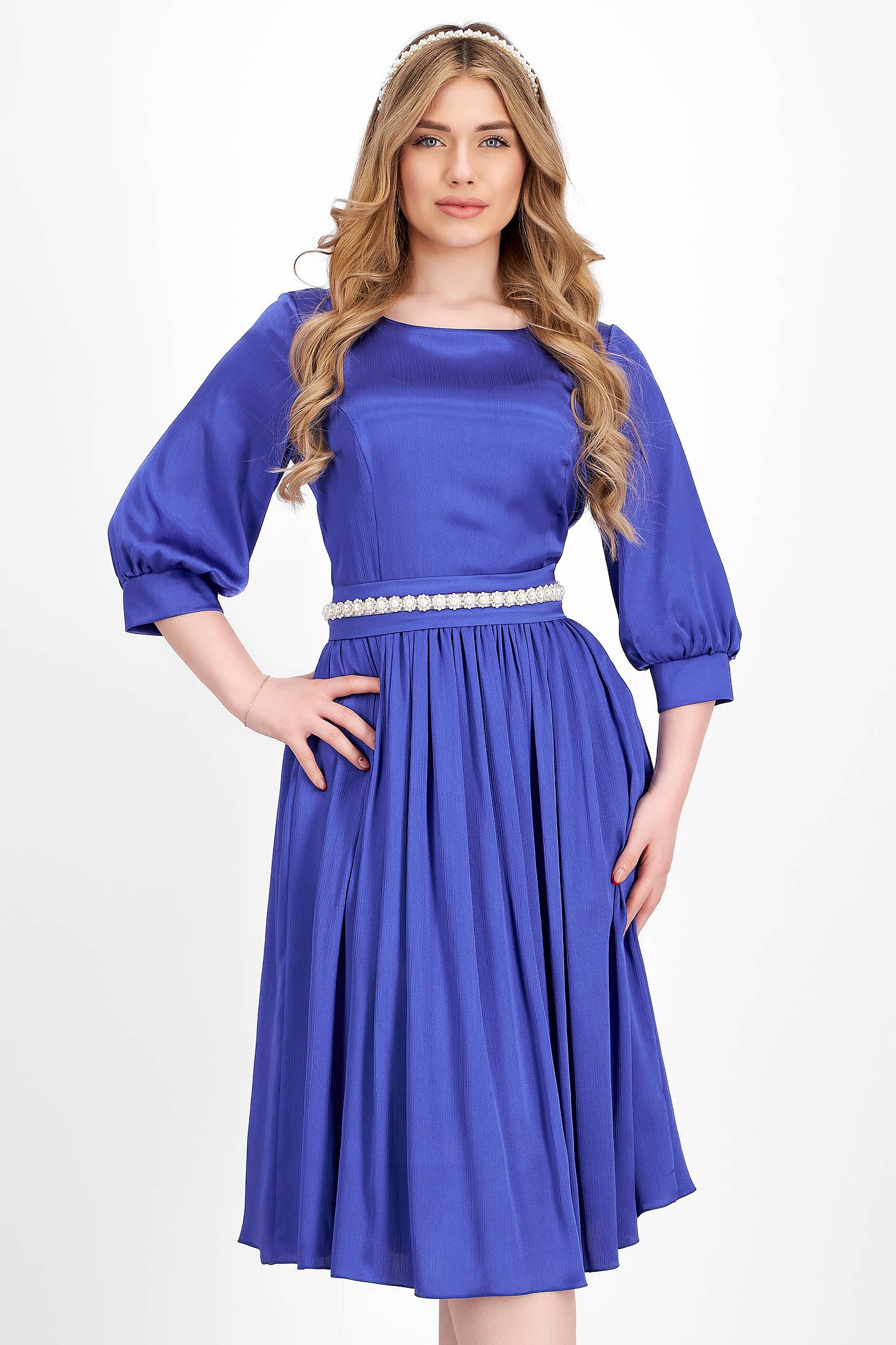 Rochie din material subtire satinat albastra midi in clos cu aplicatii cu perle pe cordon - StarShinerS 1 - StarShinerS.ro