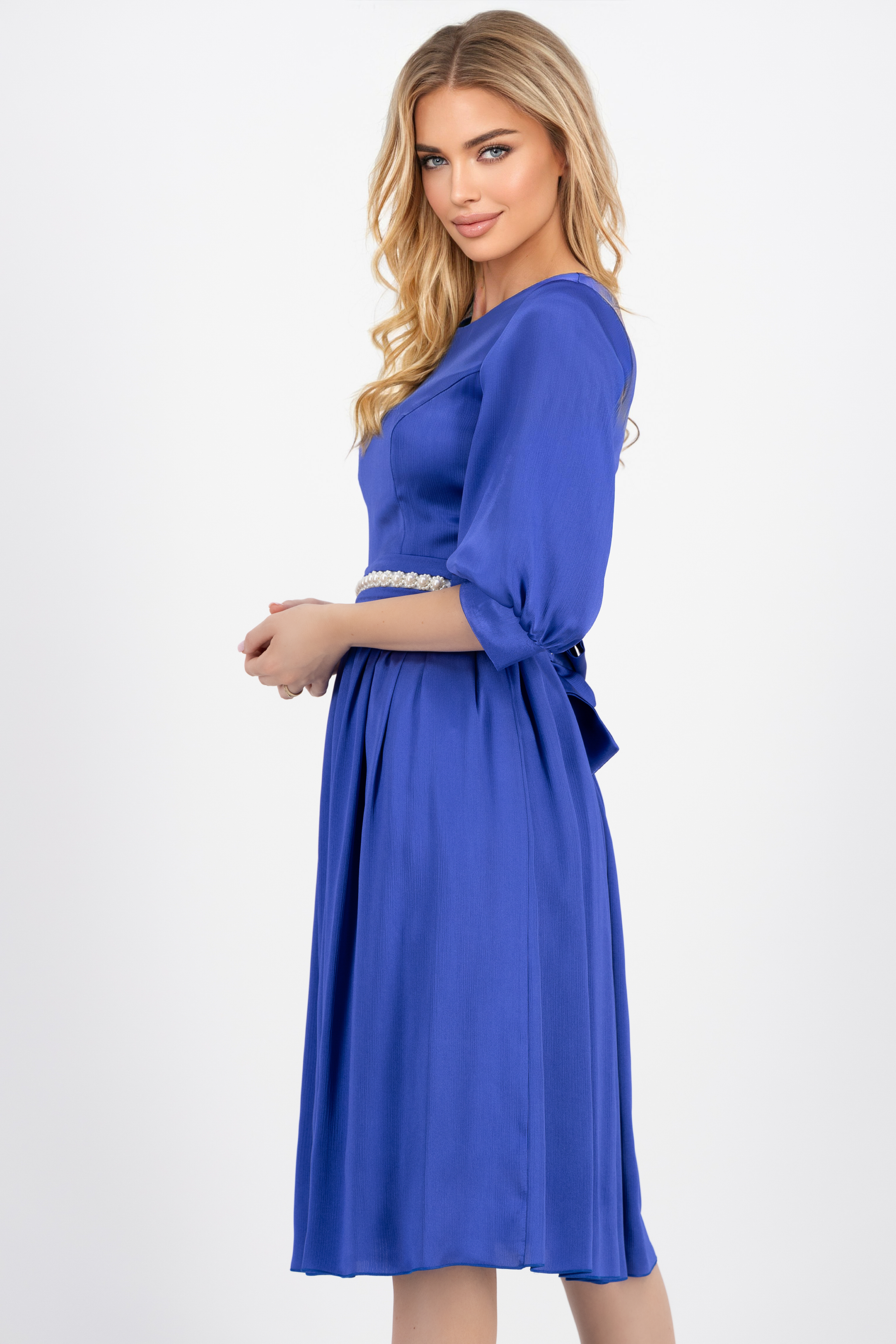 Blue satin midi dress in flared style with pearl appliques on cord - StarShinerS 2 - StarShinerS.com