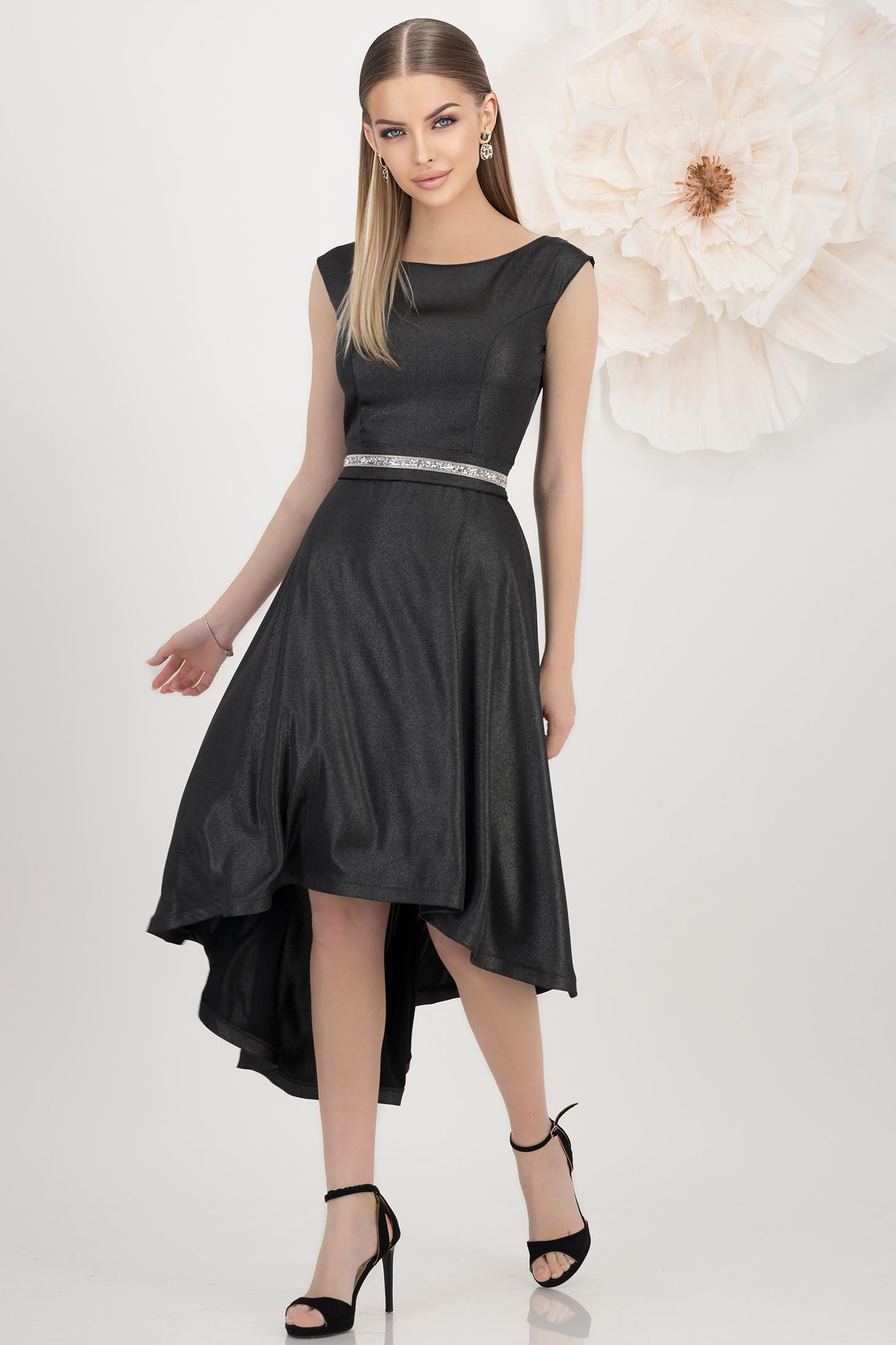 Rochie din stofa elastica neagra asimetrica in clos cu aplicatii cu sclipici - StarShinerS 3 - StarShinerS.ro
