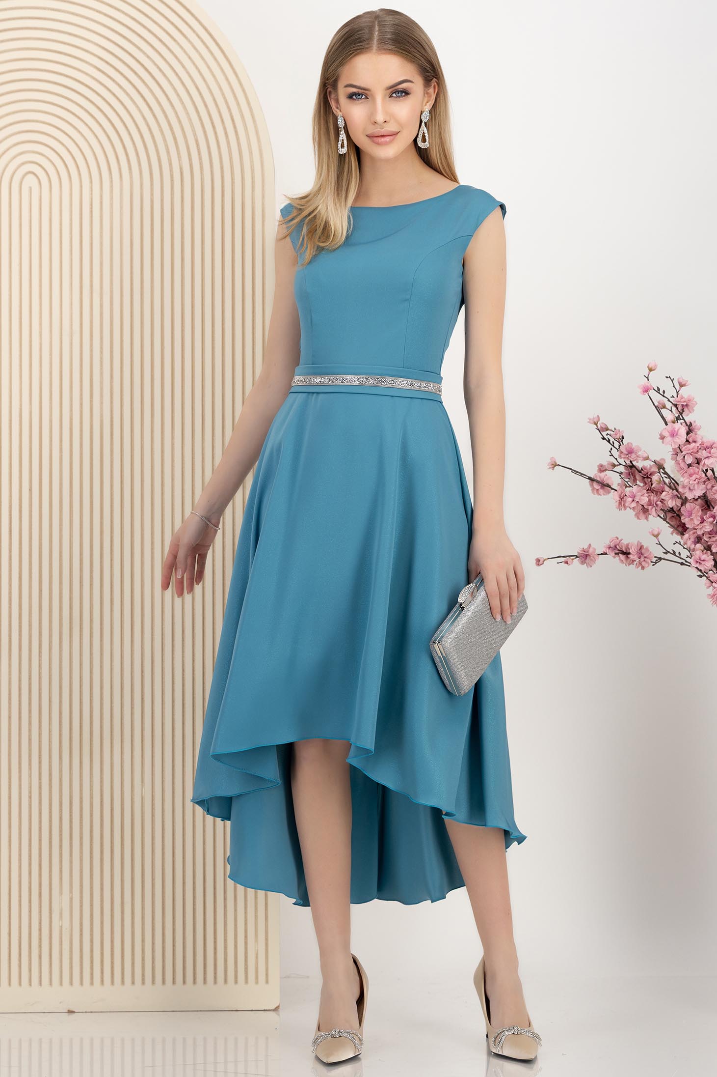 Rochie din stofa elastica turcoaz asimetrica in clos cu aplicatii cu sclipici - StarShinerS 3 - StarShinerS.ro