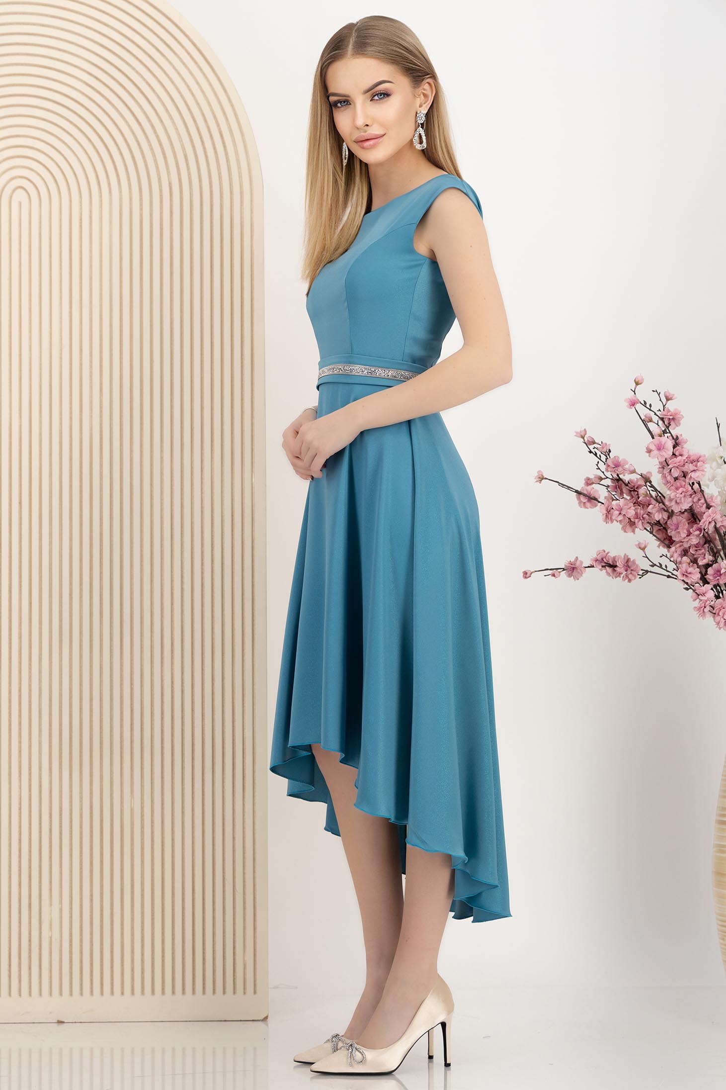 Rochie din stofa elastica turcoaz asimetrica in clos cu aplicatii cu sclipici - StarShinerS 2 - StarShinerS.ro