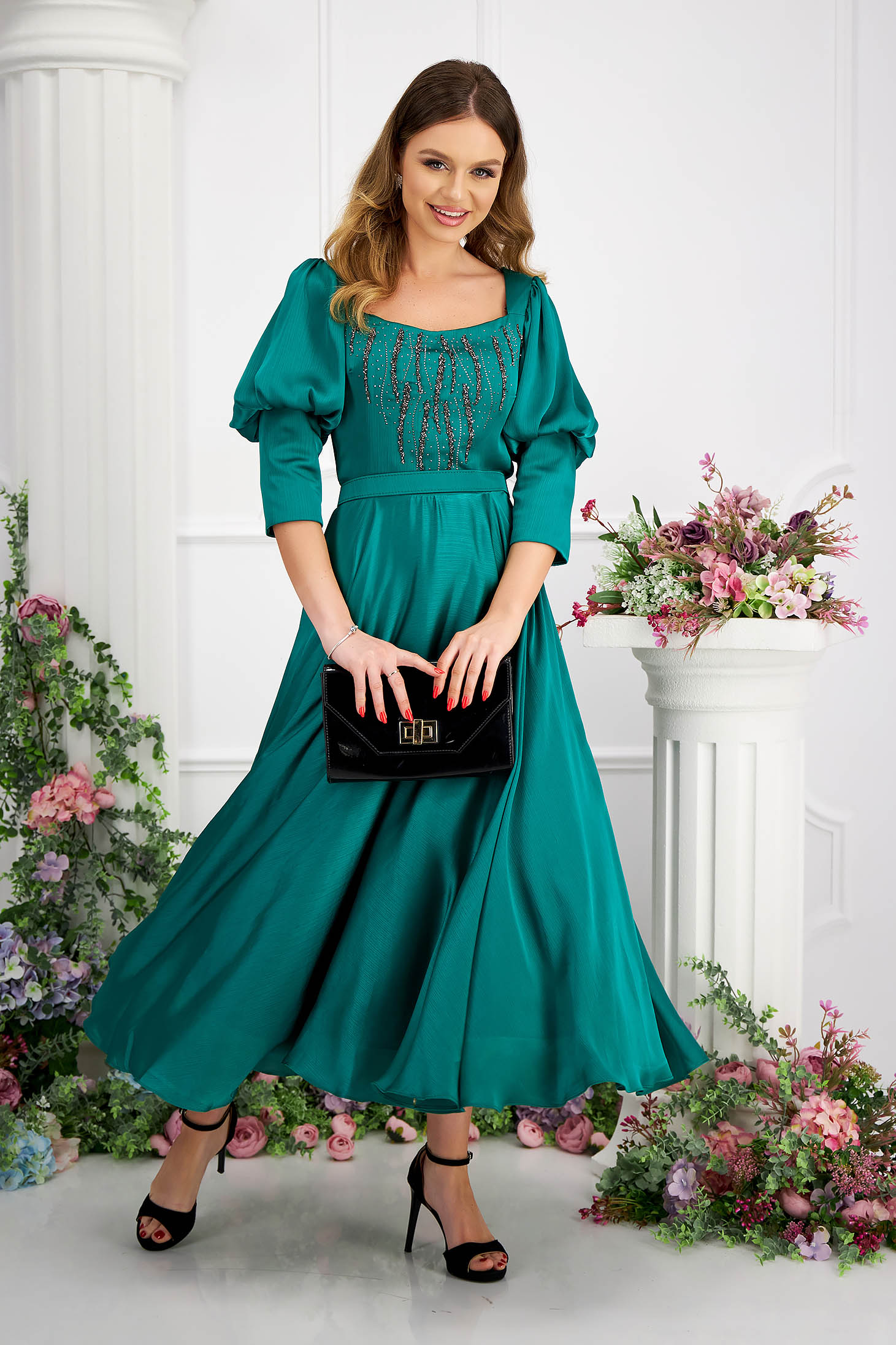 Midi green satin veil dress in a-line with puffy sleeves and strass stones on the front 3 - StarShinerS.com