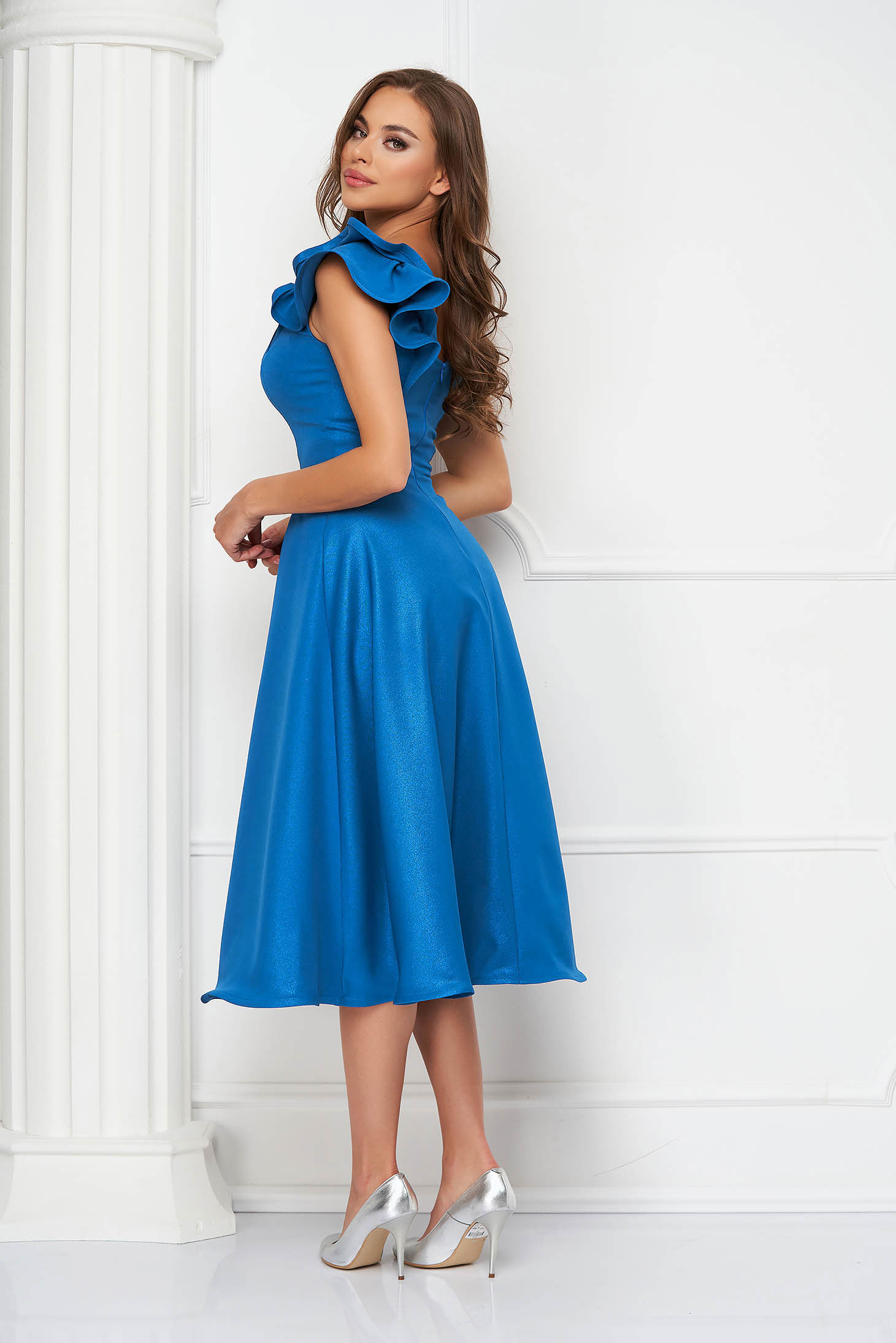 Blue Elastic Fabric Dress with Ruffles on the Shoulder - StarShinerS 2 - StarShinerS.com