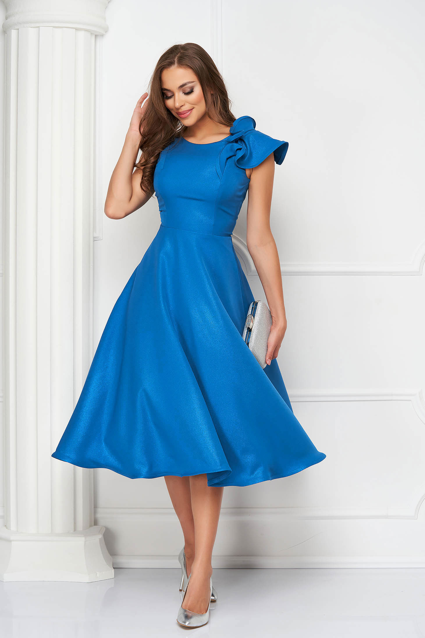 Blue Elastic Fabric Dress with Ruffles on the Shoulder - StarShinerS 4 - StarShinerS.com