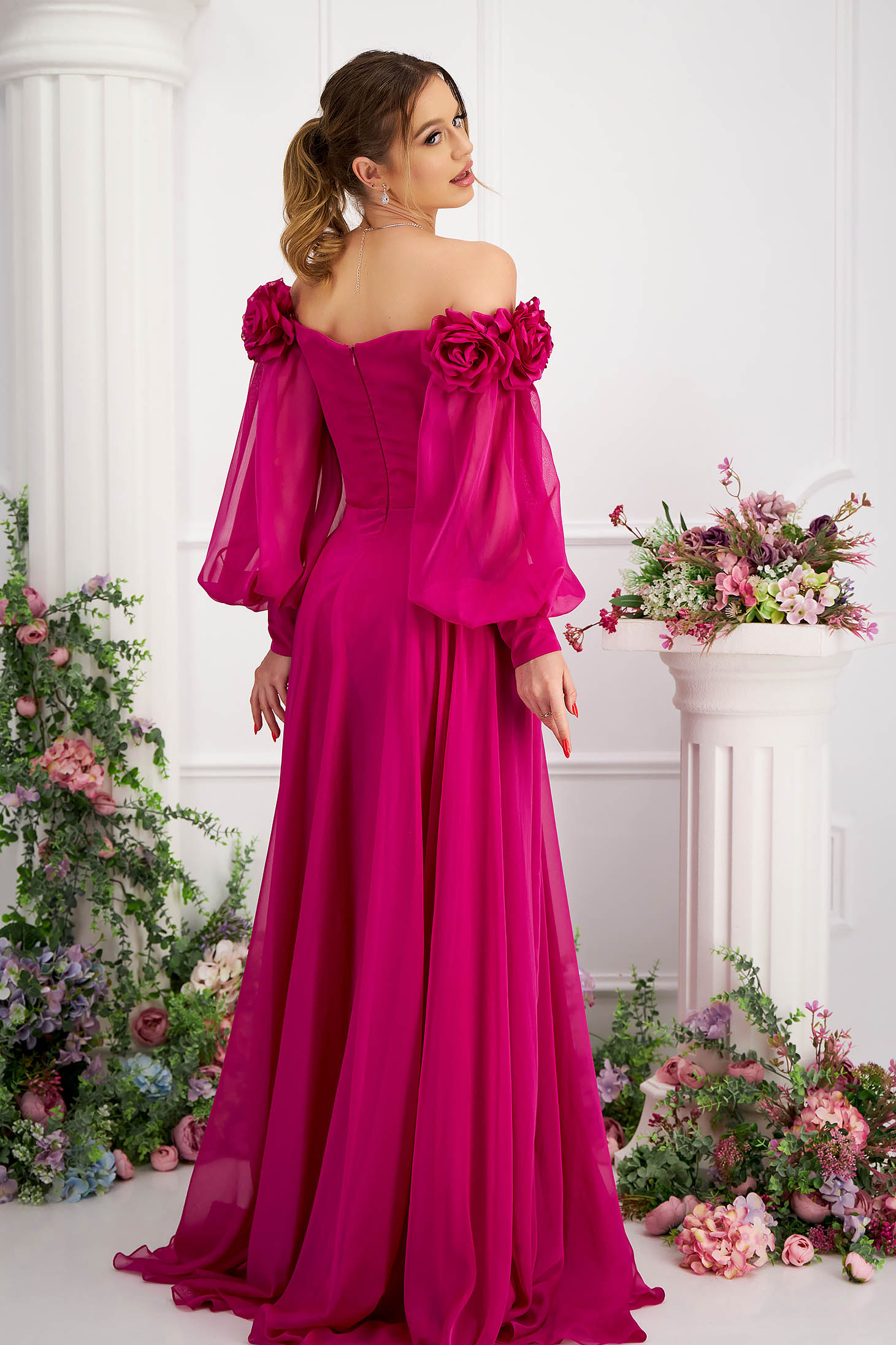 Fuchsia dress from veil fabric from satin fabric texture long cloche naked shoulders with raised flowers 4 - StarShinerS.com