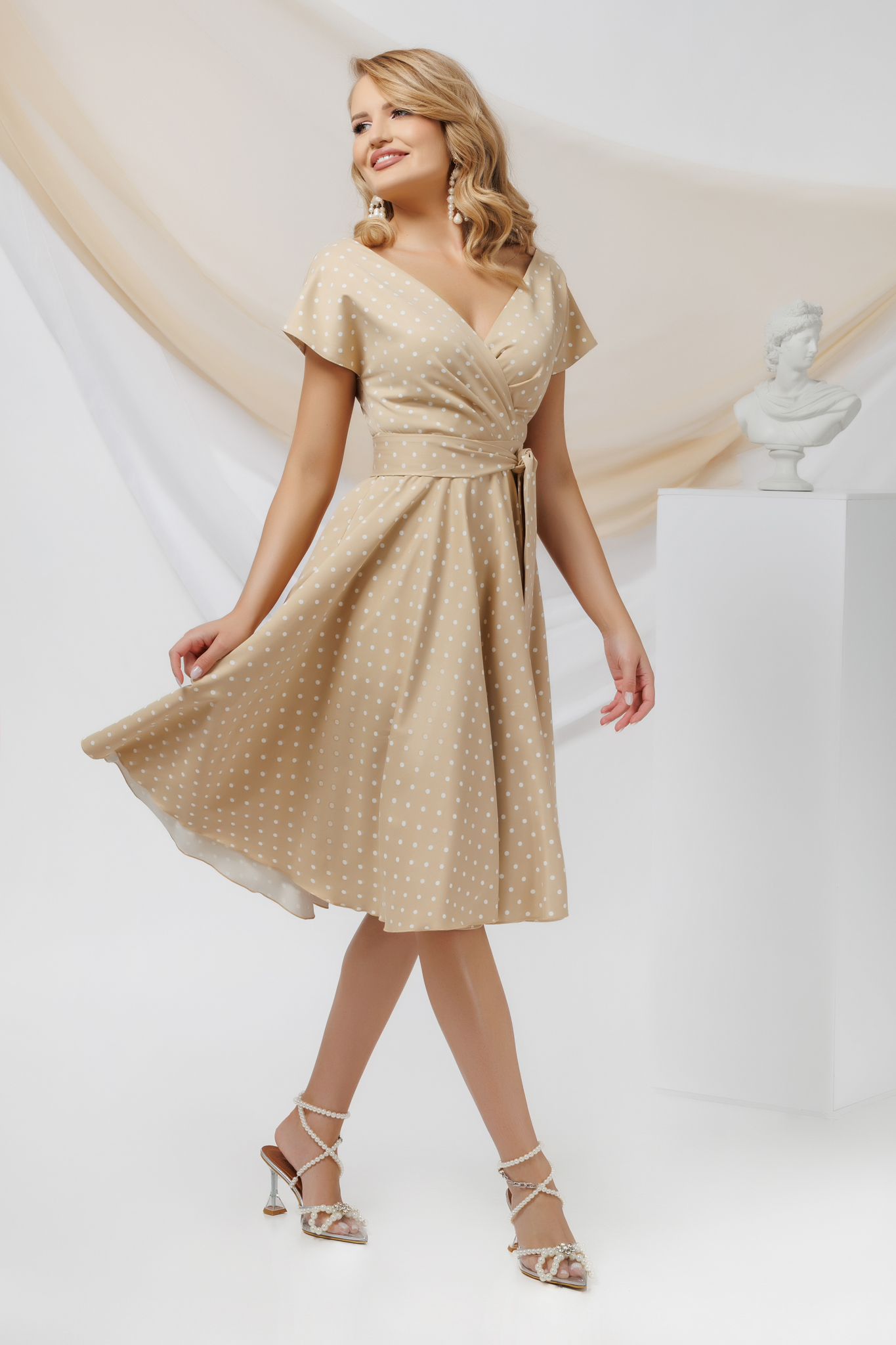 Satin-finish stretch fabric midi dress with crossover neckline - PrettyGirl 2 - StarShinerS.com