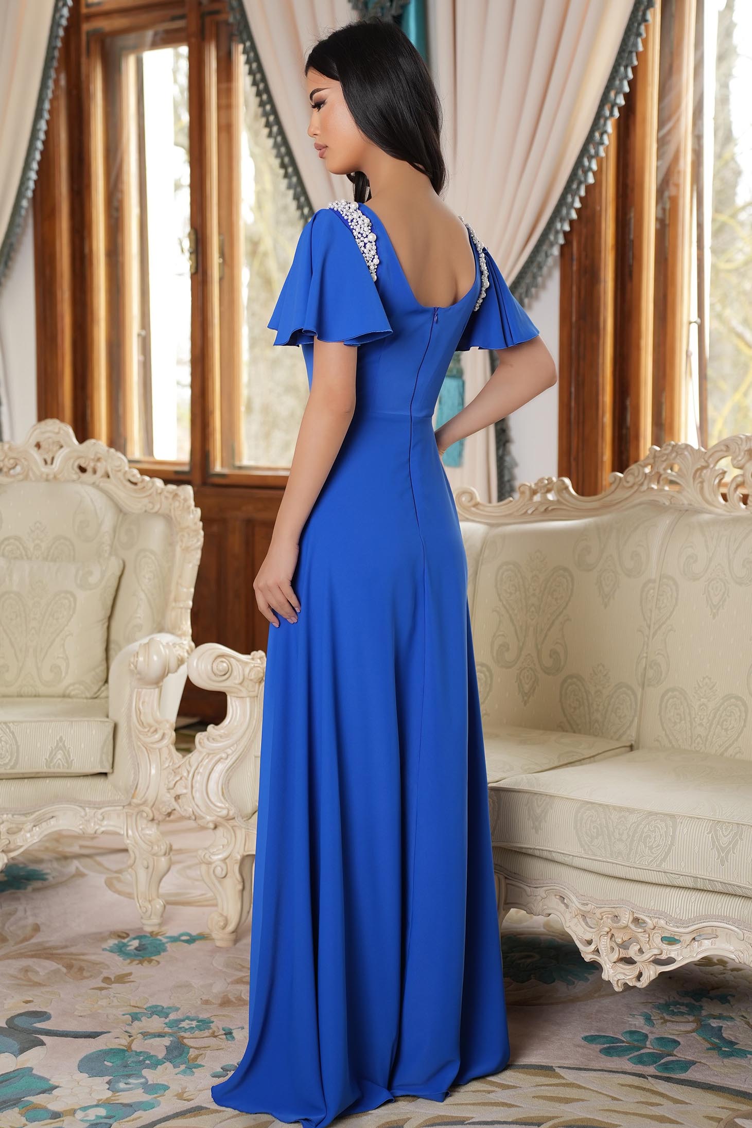 Rochie din voal dens albastra lunga in clos cu volanase si aplicatii cu perle pe umeri - StarShinerS 2 - StarShinerS.ro