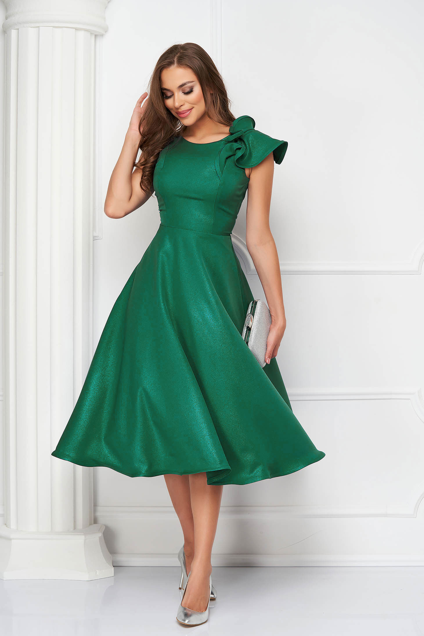 Green Elastic Fabric Dress with Ruffles on the Shoulder - StarShinerS 4 - StarShinerS.com