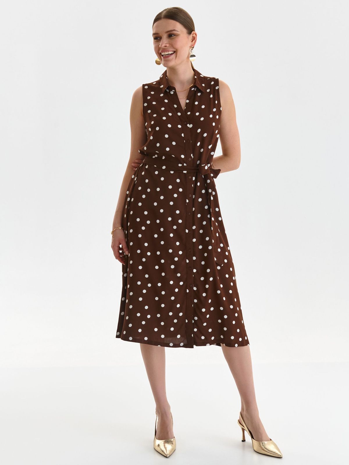 Brown dress light material shirt dress accessorized with tied waistband 2 - StarShinerS.com