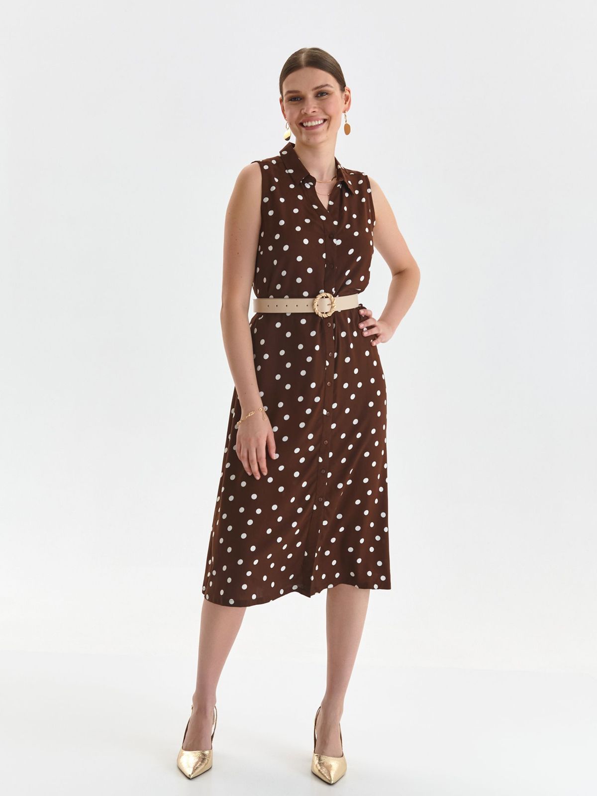 Brown dress light material shirt dress accessorized with tied waistband 4 - StarShinerS.com