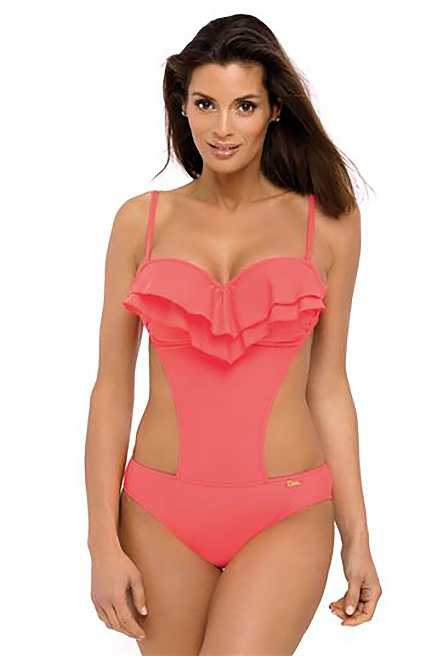 Pink one-piece swimsuit with ruffles and fabric cutouts 2 - StarShinerS.com