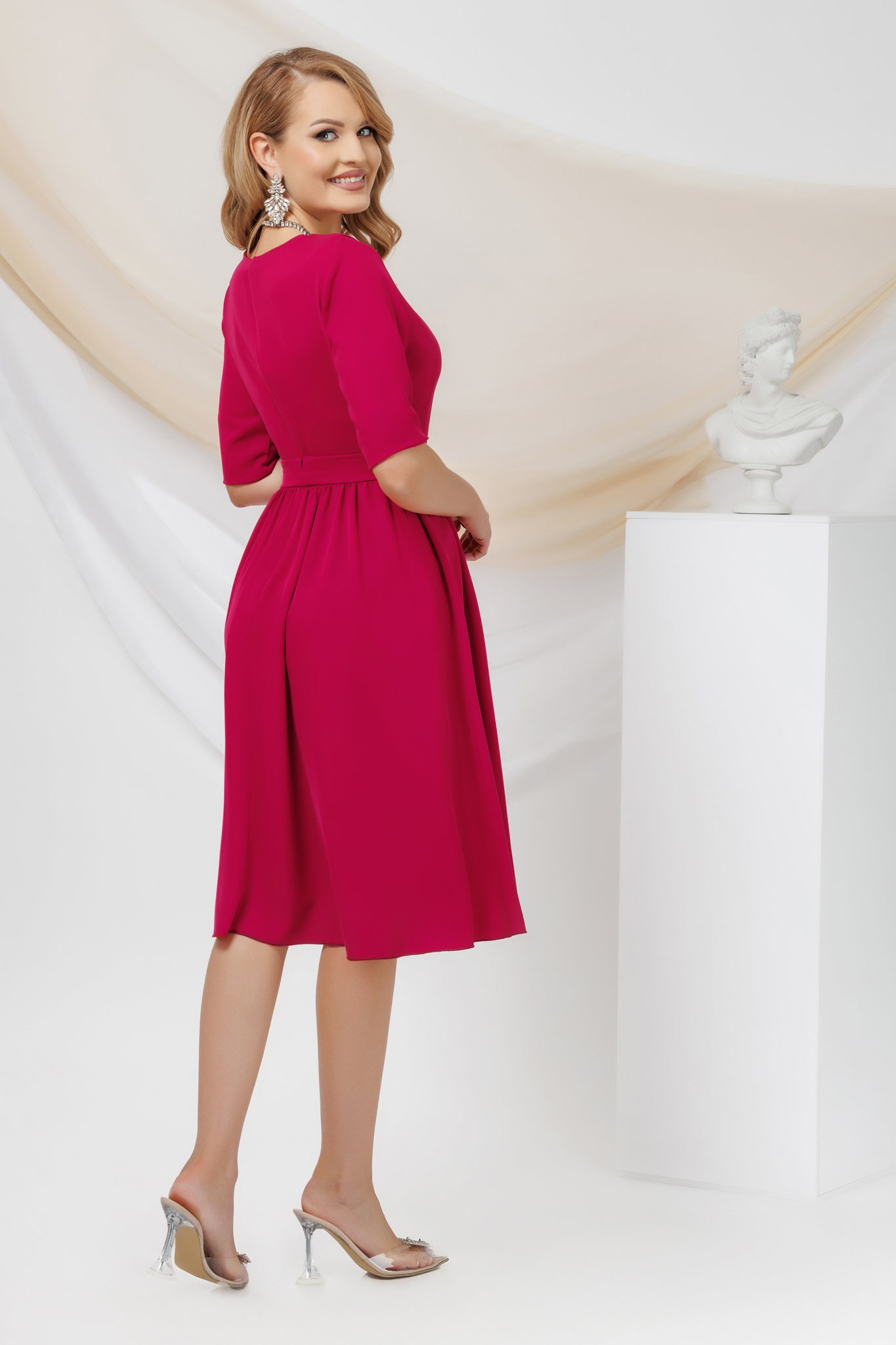 Fuchsia Elastic Fabric Dress in Flared Style with Wraparound Neckline and Detachable Belt - PrettyGirl 2 - StarShinerS.com
