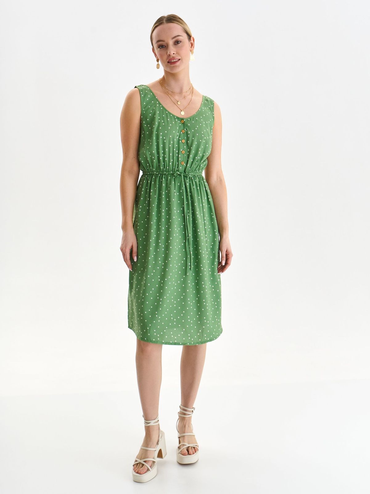 Zöld vékony harang alakú ruha gumirozott derékrésszel gomb kiegészítőkkel derékban zsinóros 2 - StarShinerS.hu