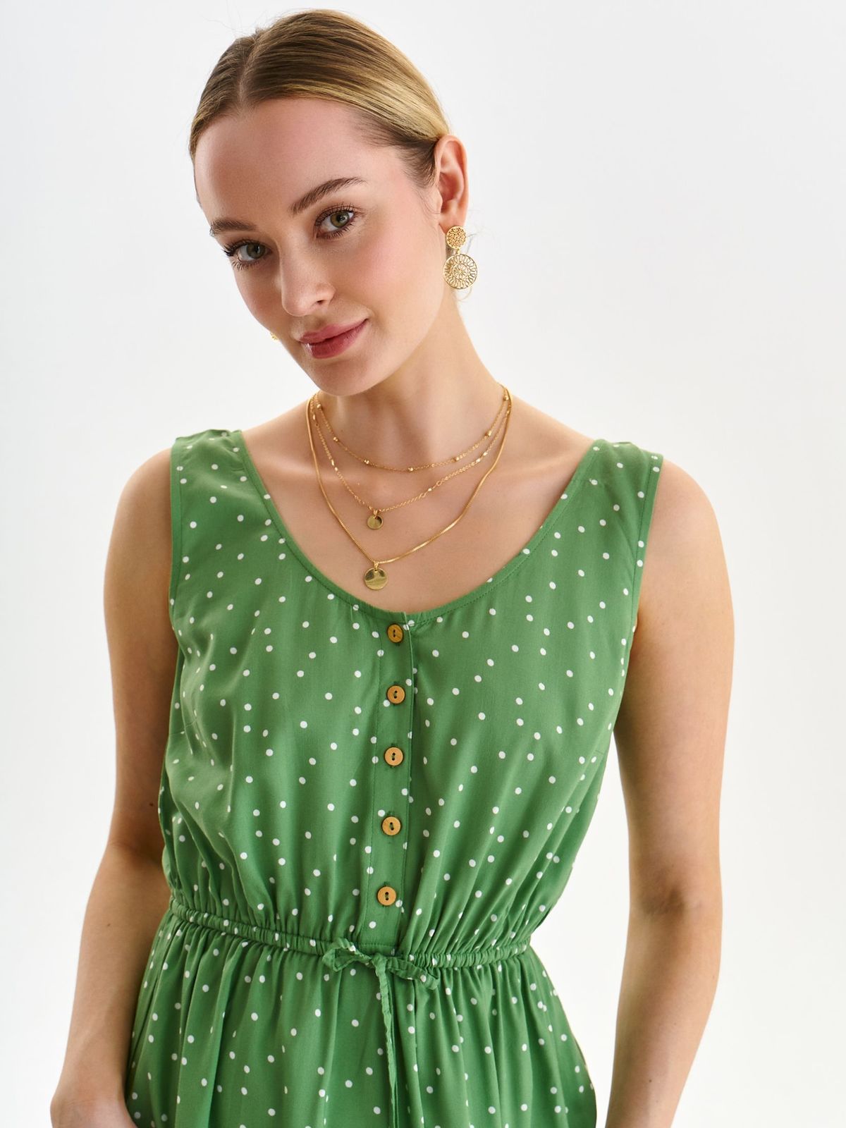 Zöld vékony harang alakú ruha gumirozott derékrésszel gomb kiegészítőkkel derékban zsinóros 4 - StarShinerS.hu