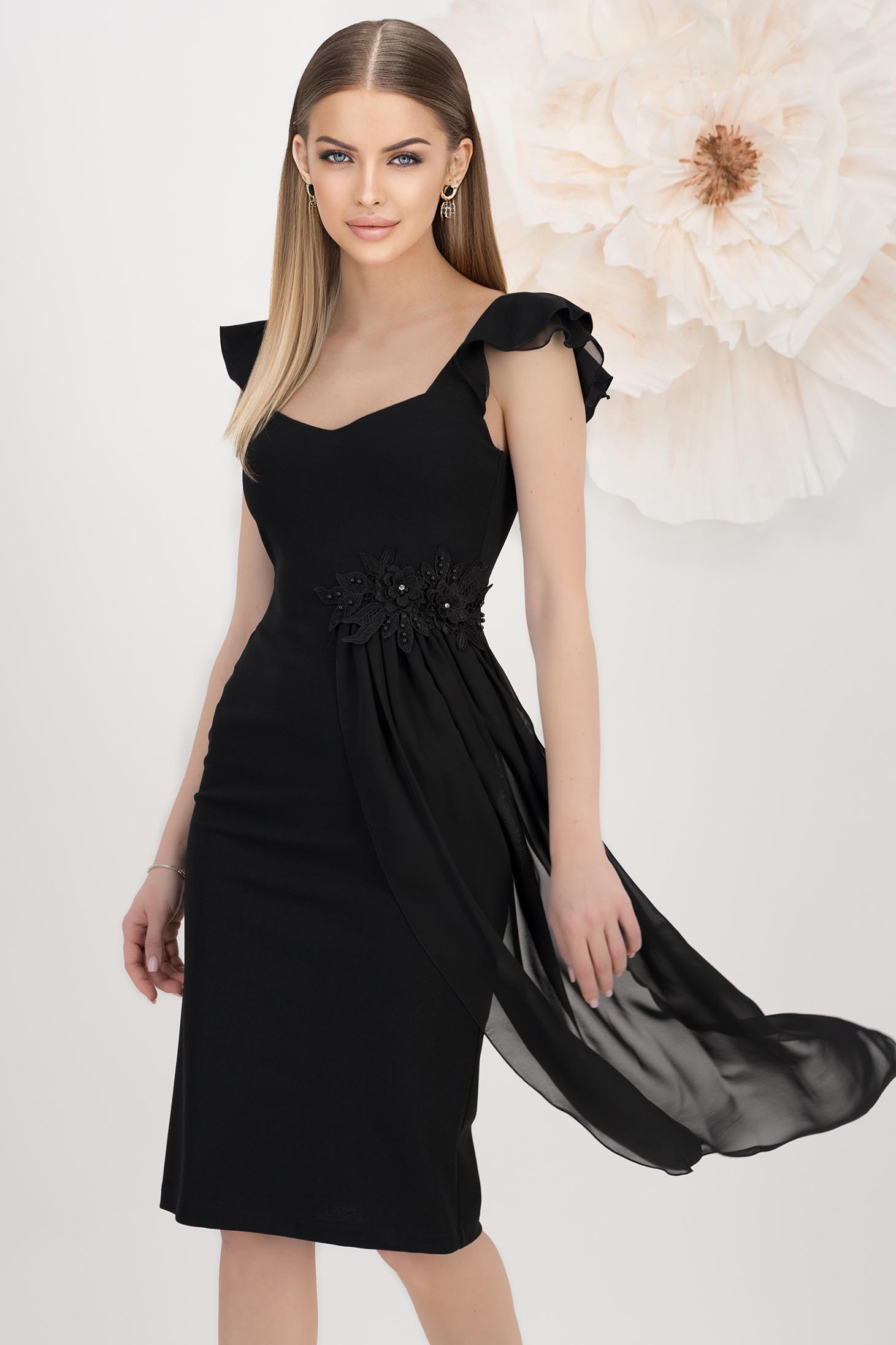 Rochie din crep neagra tip creion cu decolteu adanc si suprapunere cu voal - StarShinerS 2 - StarShinerS.ro
