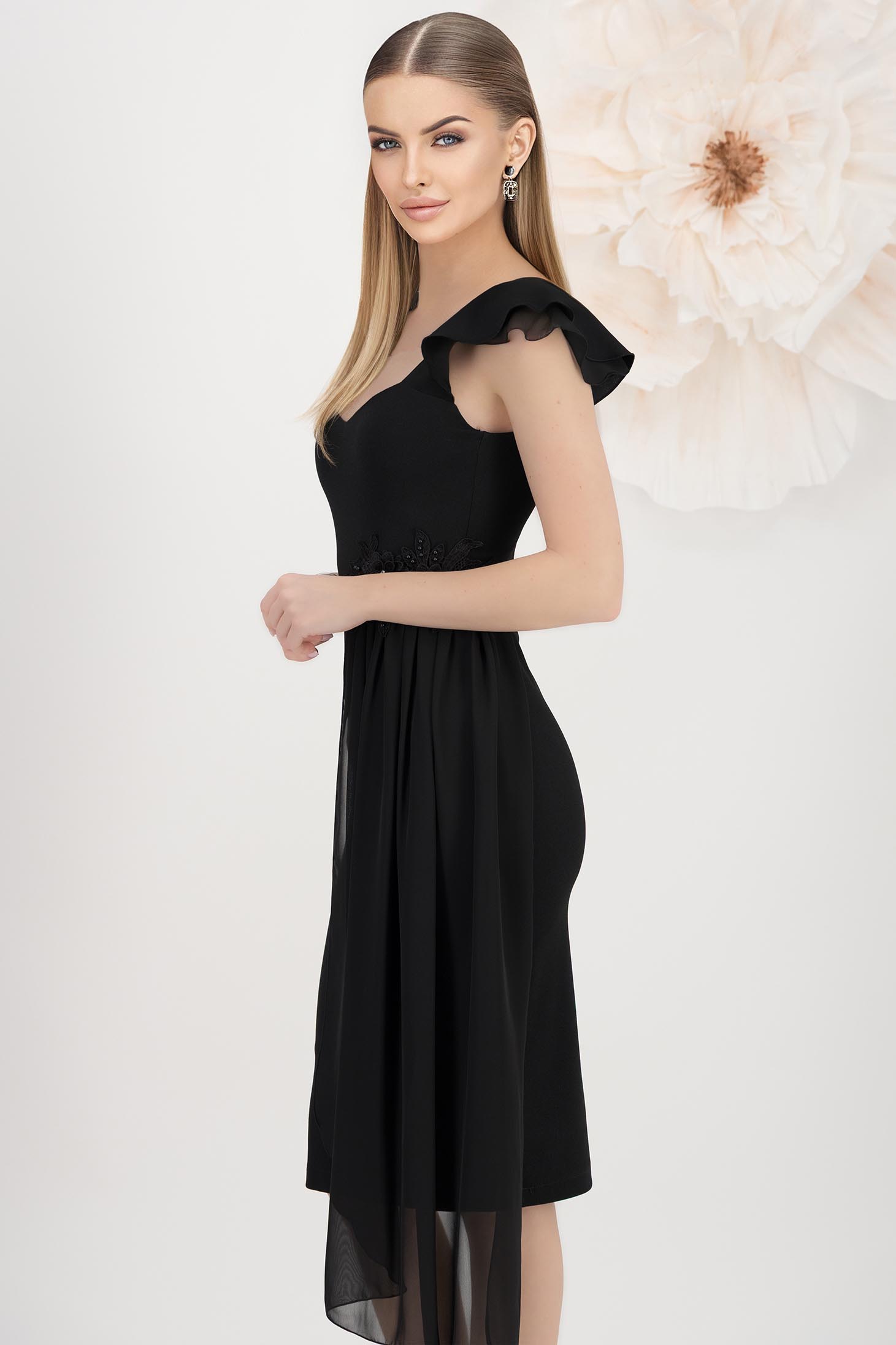 Rochie din crep neagra tip creion cu decolteu adanc si suprapunere cu voal - StarShinerS 3 - StarShinerS.ro
