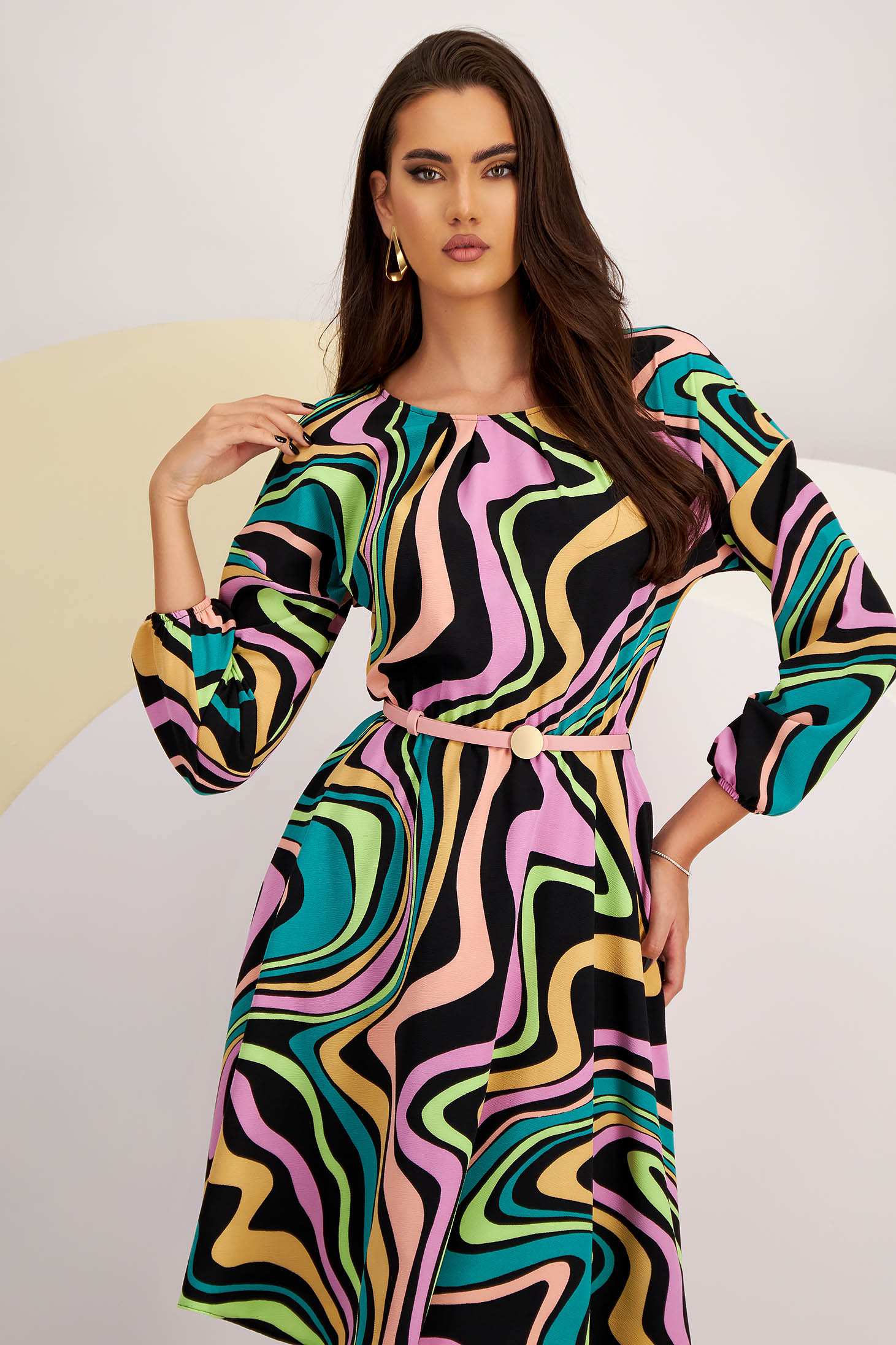 Rochie din material subtire pana la genunchi in clos cu elastic in talie - StarShinerS 7 - StarShinerS.ro